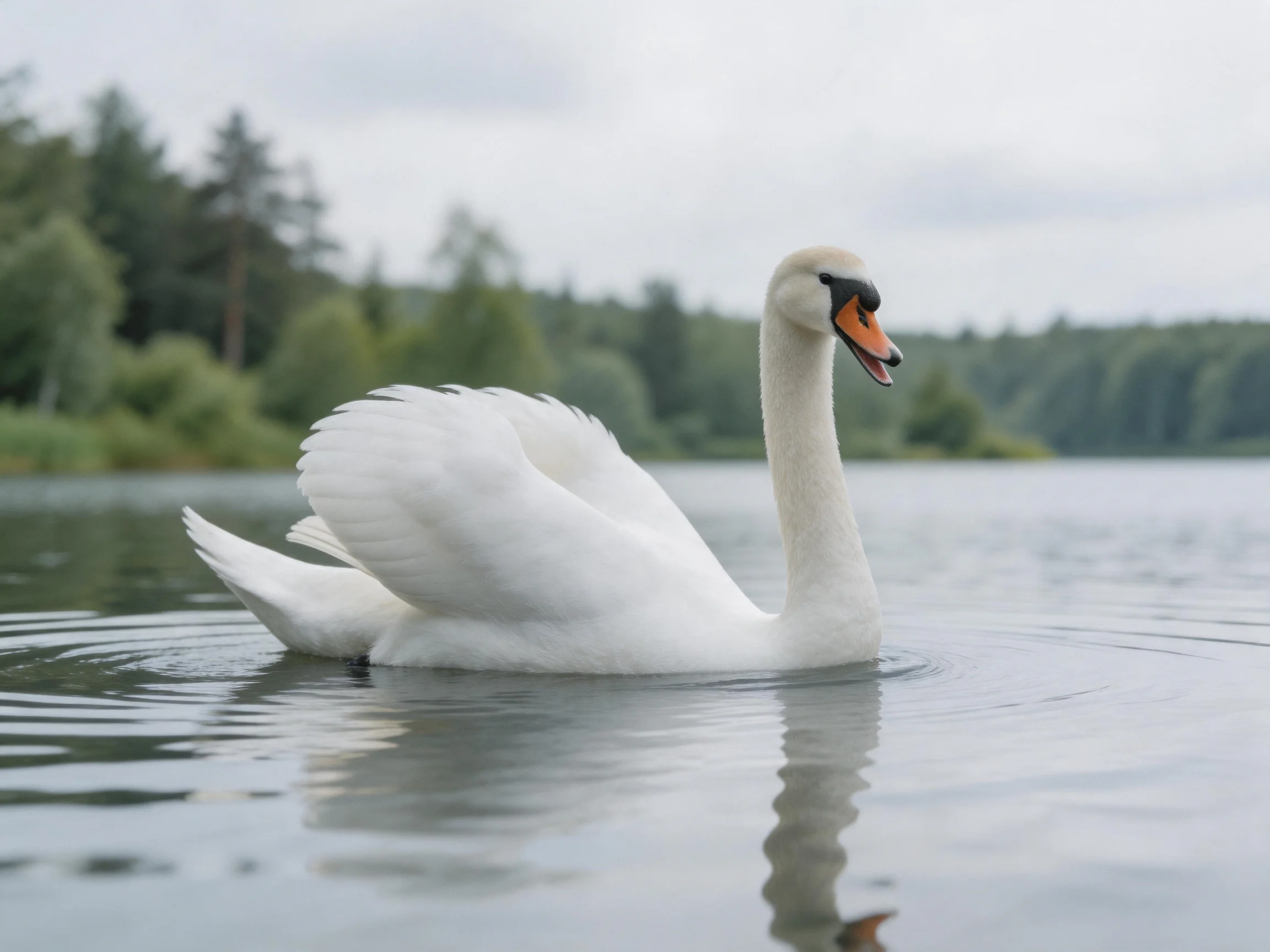 A white swan gliding across calm lake waters