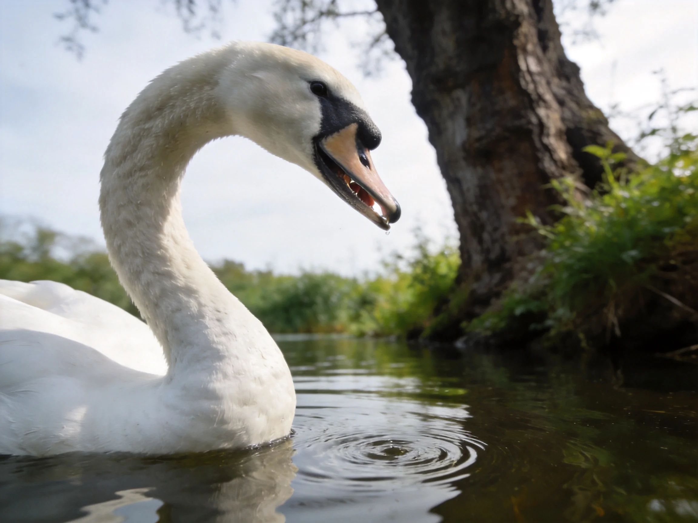 A white swan gliding near a large tree by calm water