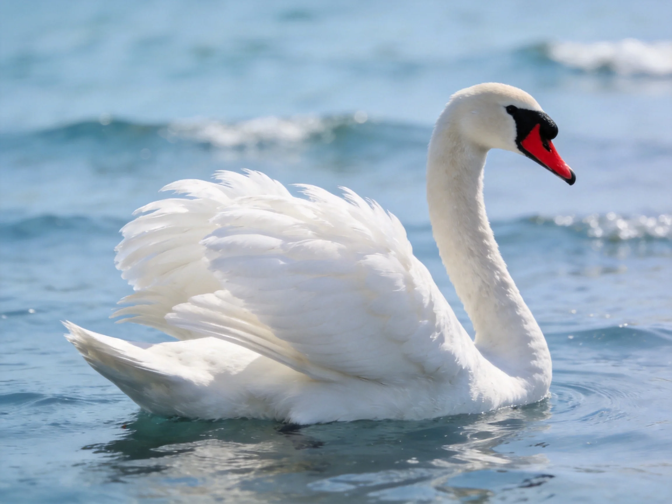 A white swan gliding on blue water with red beak