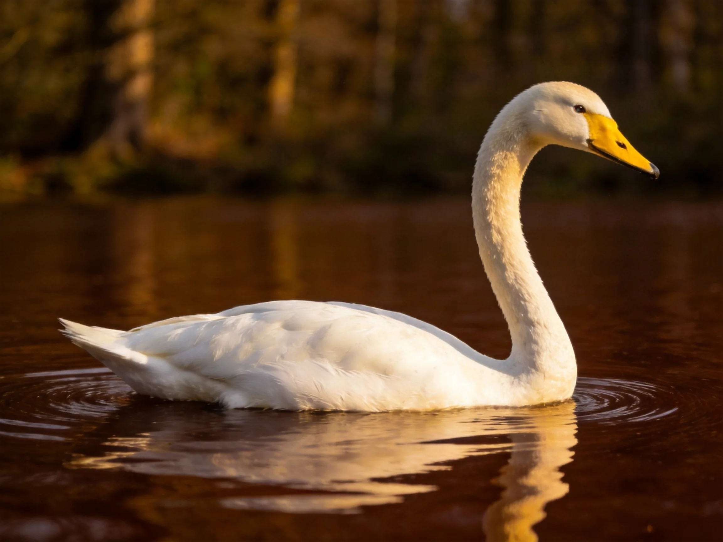 A white swan gliding on brown-tinted water near a forest