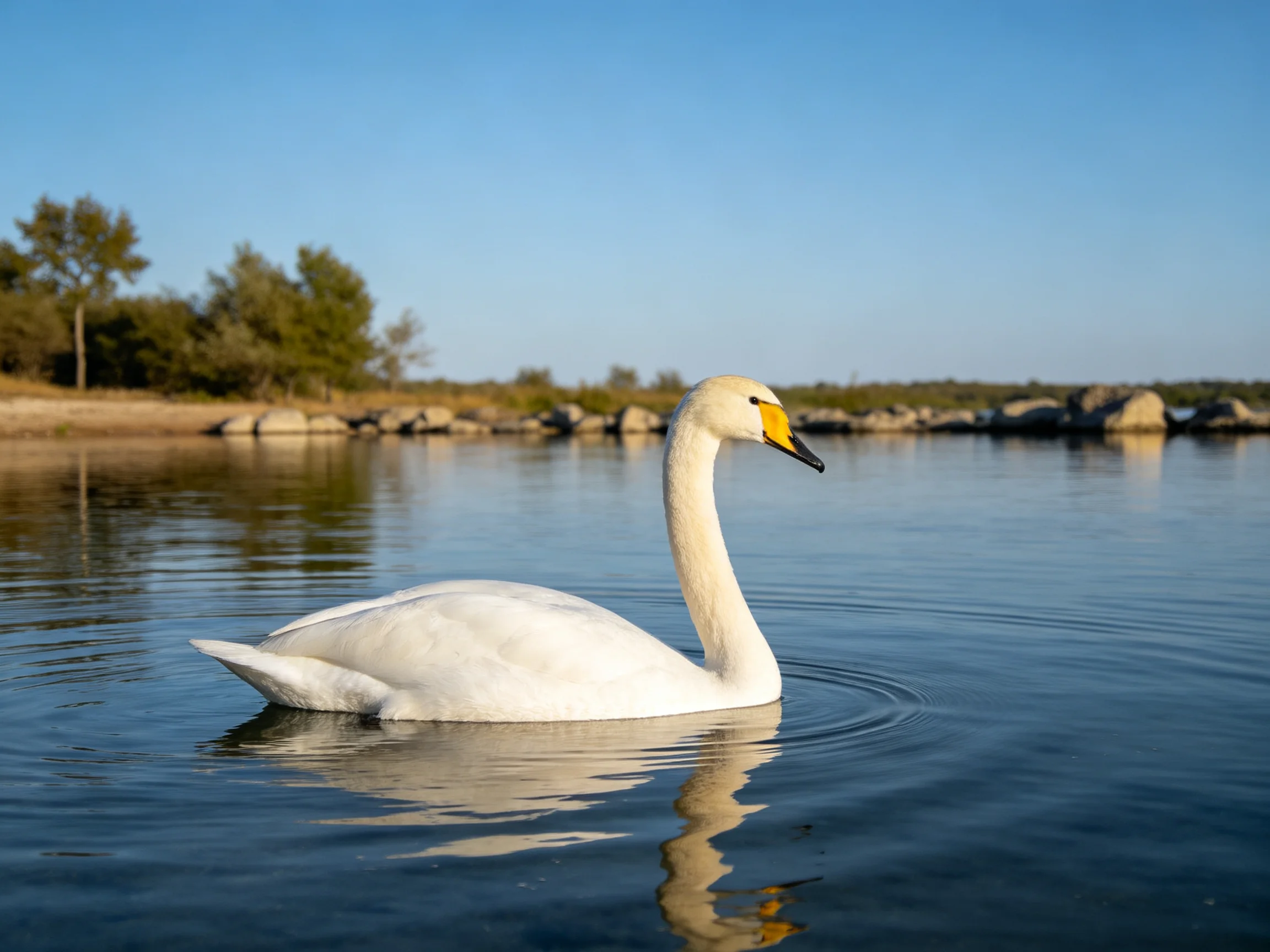 A white swan gliding on calm blue water by rocky shore