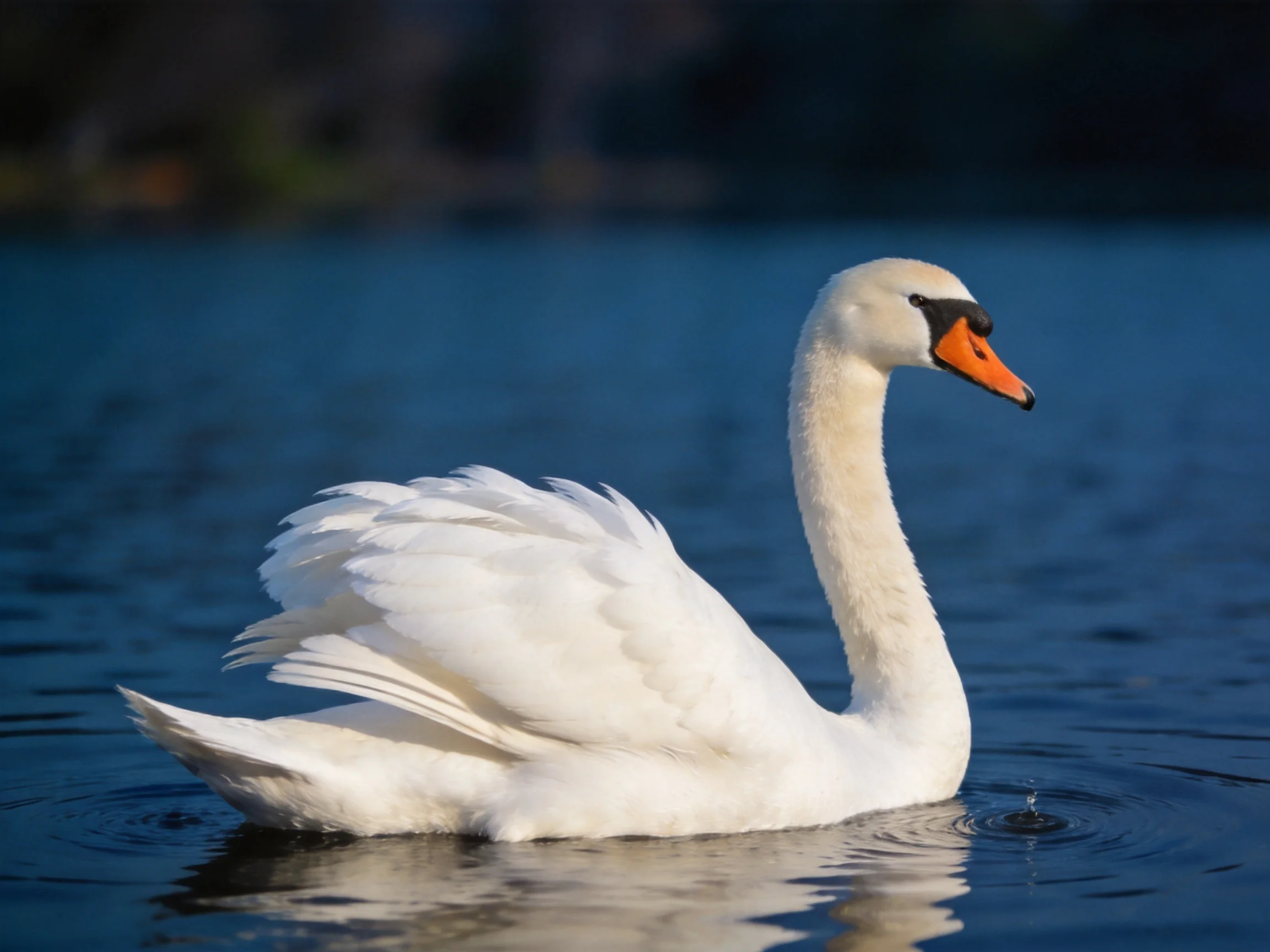 A white swan gliding on calm blue water