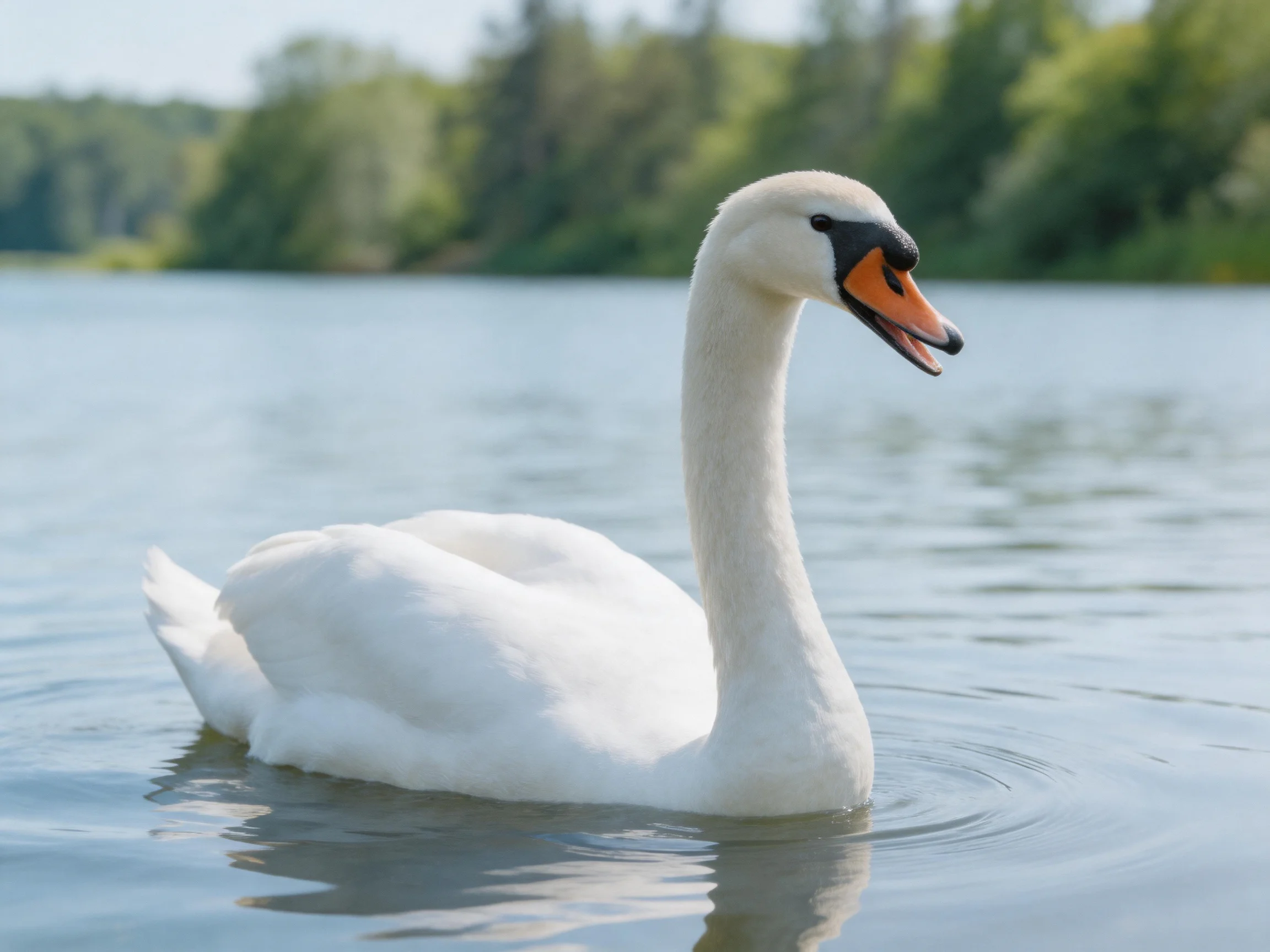 A white swan gliding on calm blue water near green trees