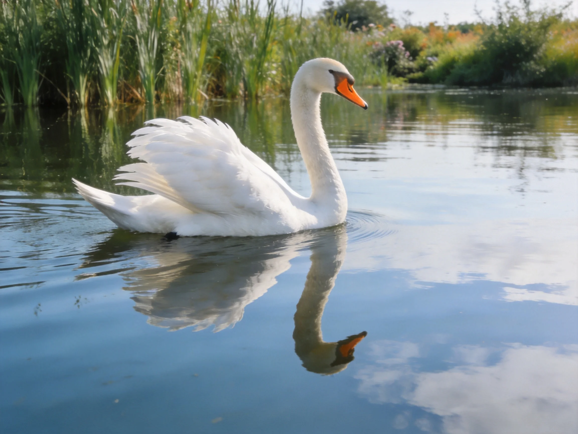 A white swan gliding on calm blue water near tall green reeds