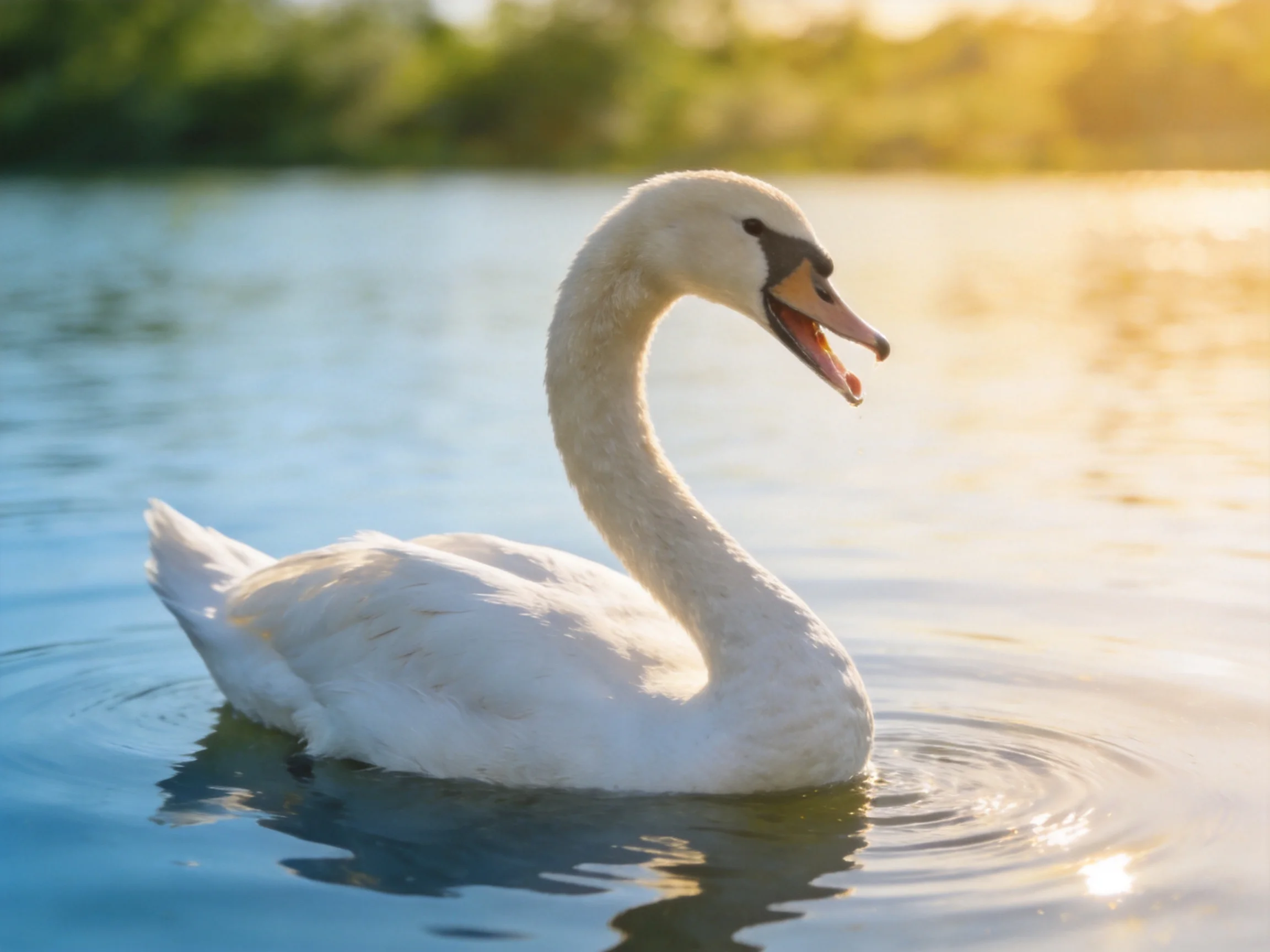 A white swan gliding on calm blue water under golden sunlight
