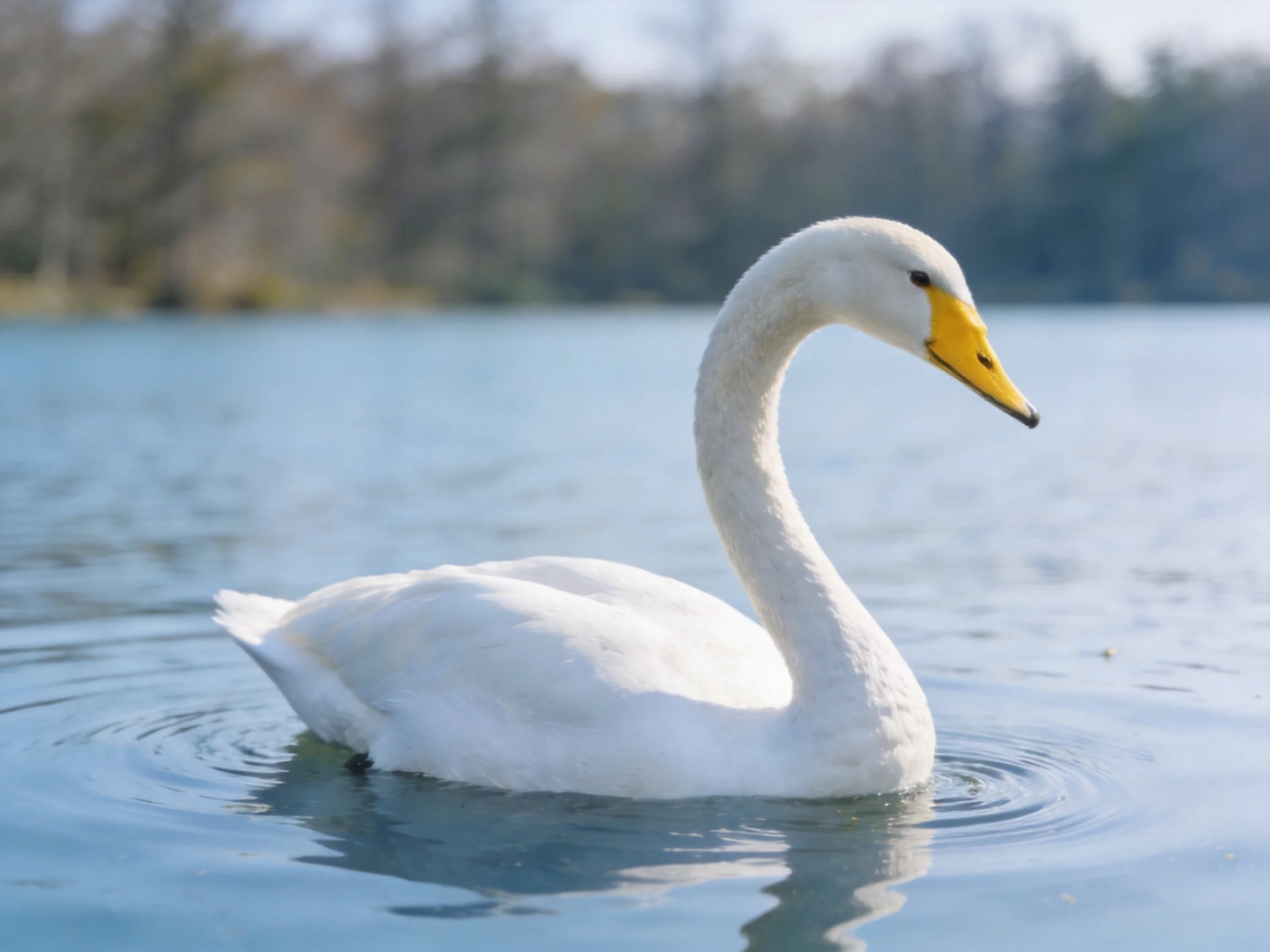A white swan gliding on calm blue water with a bright yellow beak