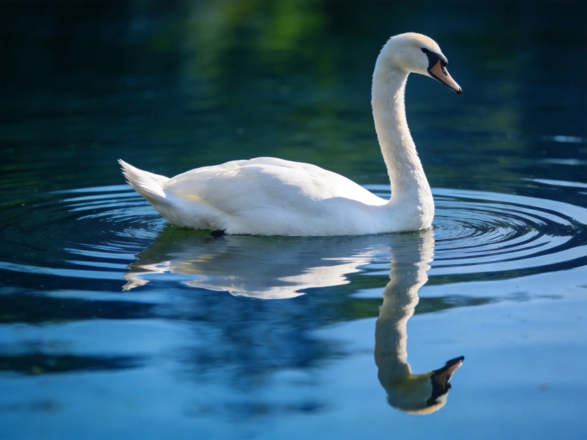A white swan gliding on calm blue water with rippling reflections