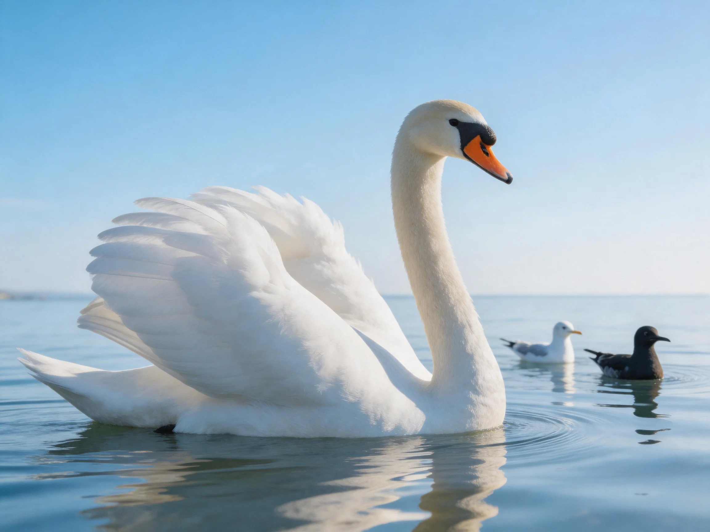A white swan gliding on calm blue water with two smaller birds