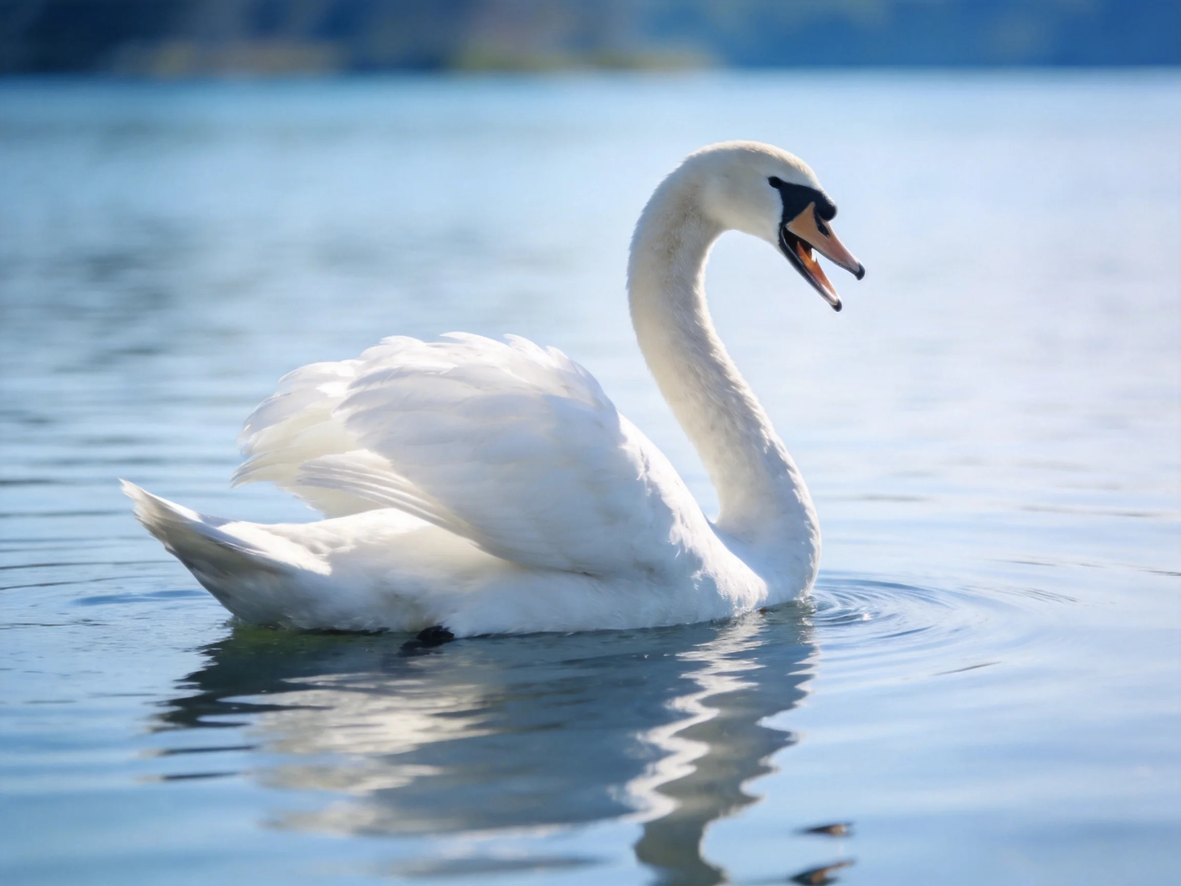 A white swan gliding on calm bluewater