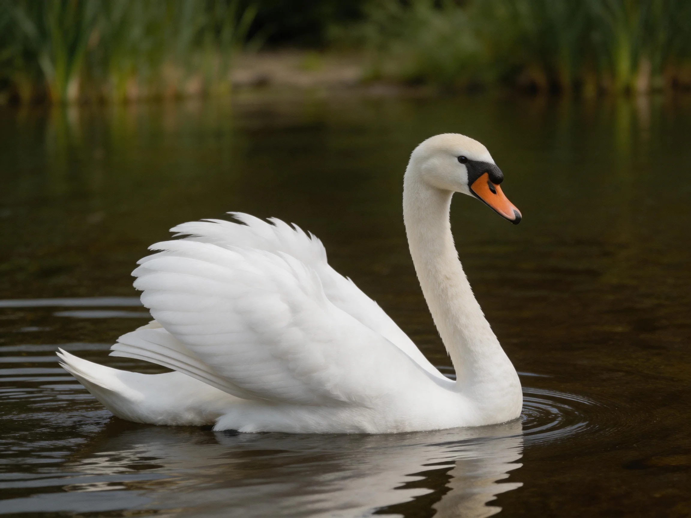 A white swan gliding on calm brown water near green reeds