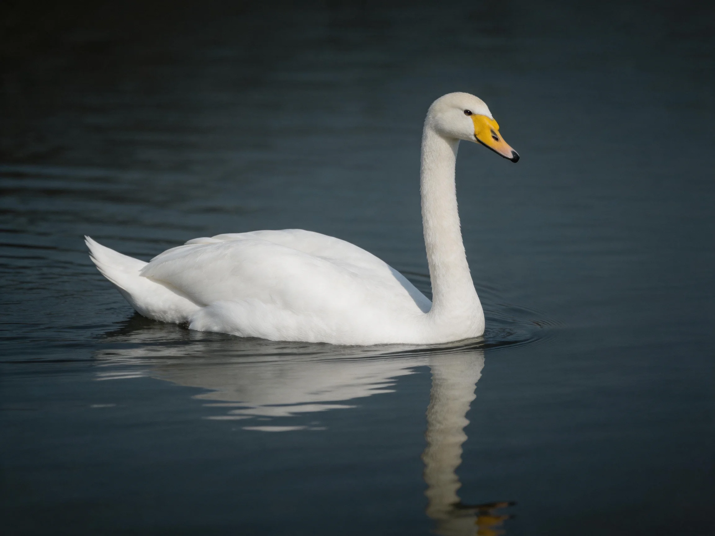 A white swan gliding on calm dark water
