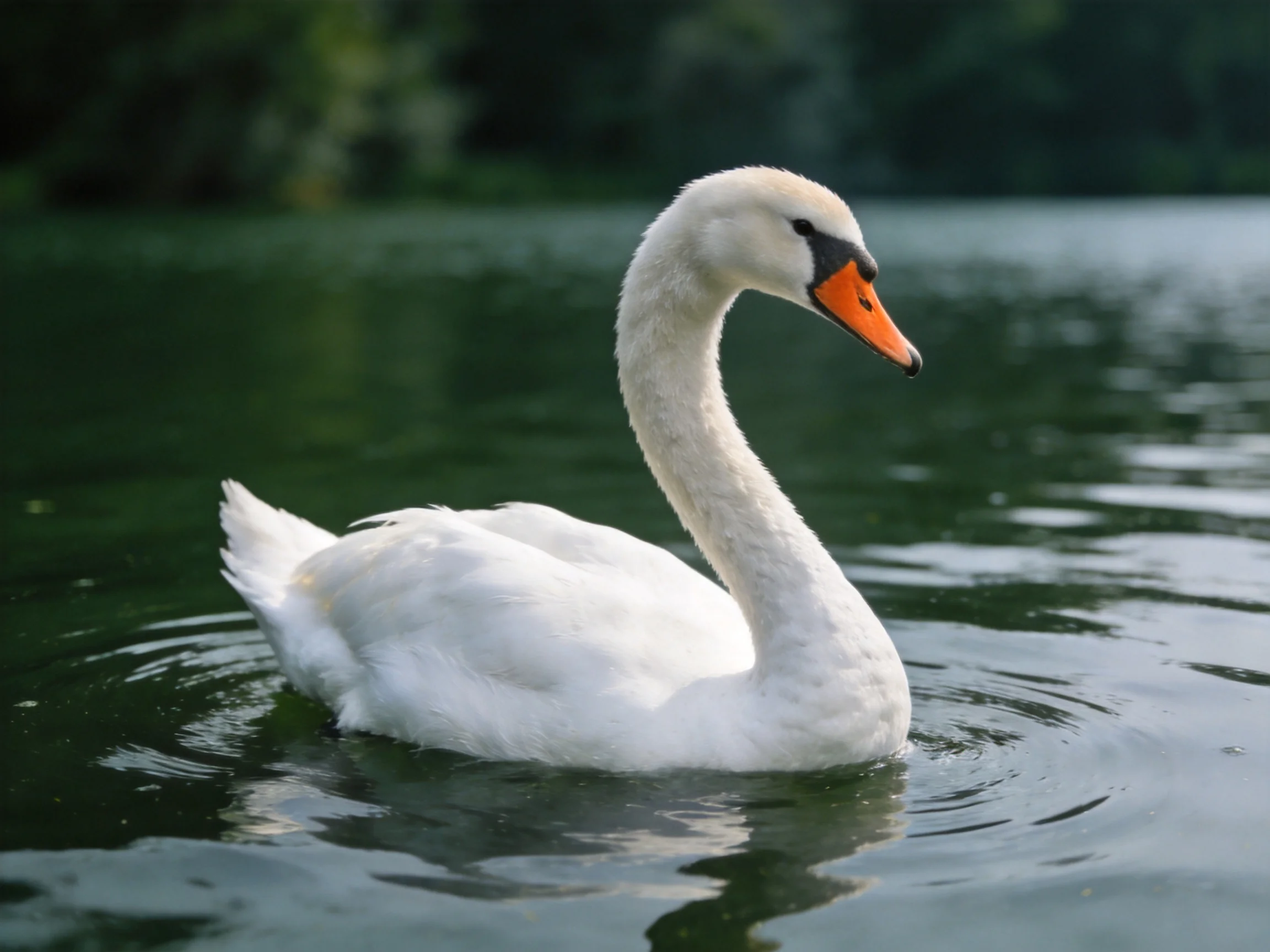 A white swan gliding on calm green water