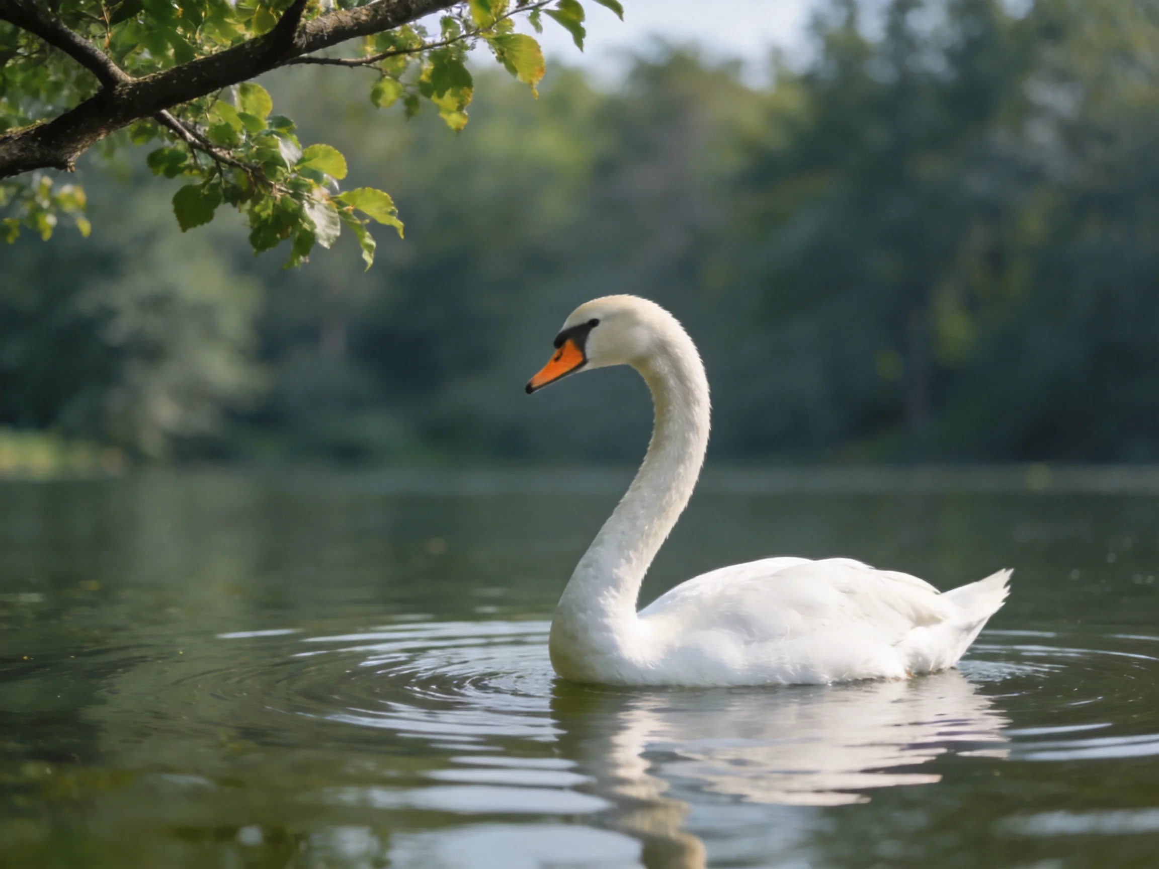 A white swan gliding on calm green water near leafy branches