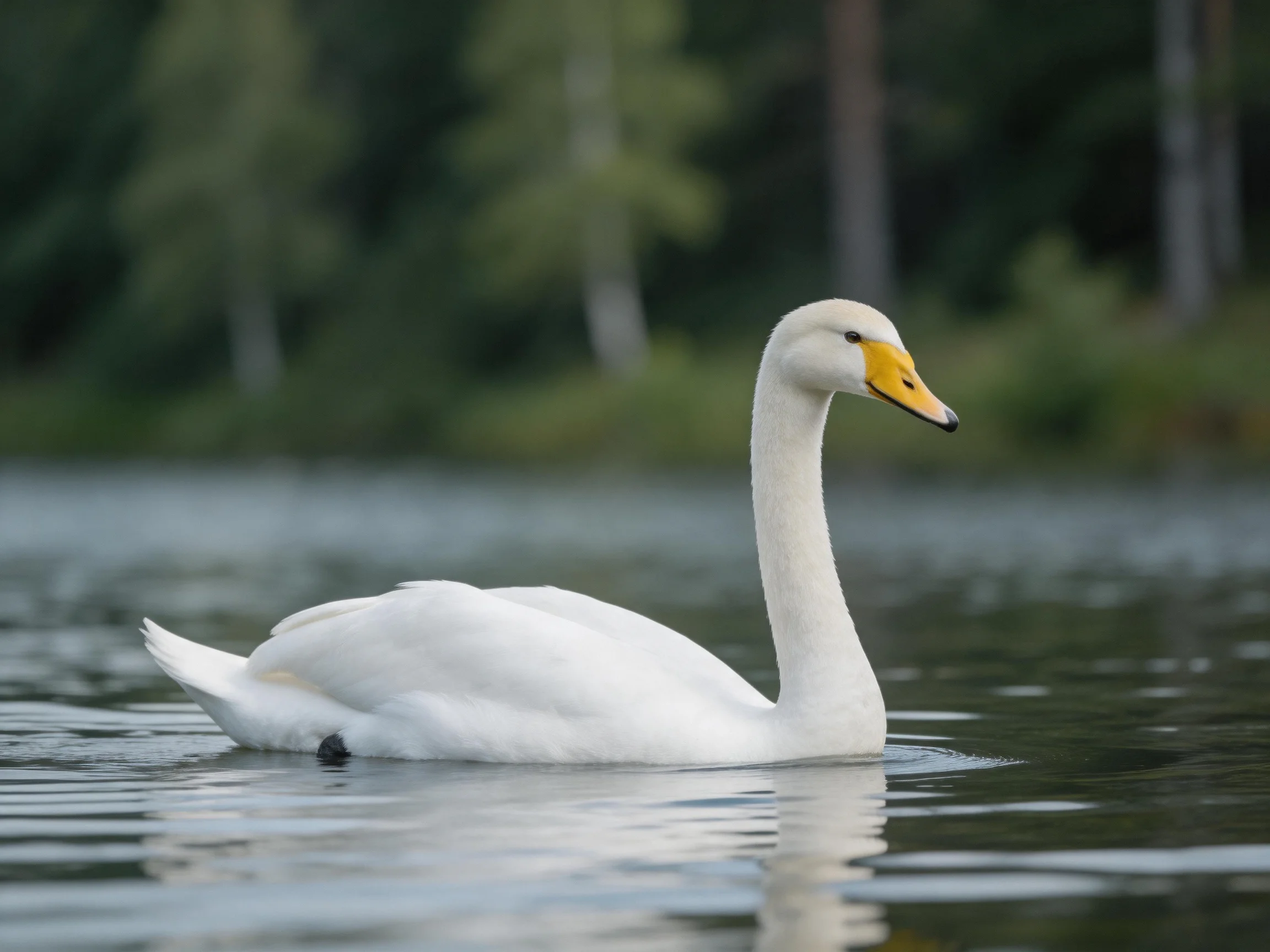 A white swan gliding on calm lake water beside forested shore