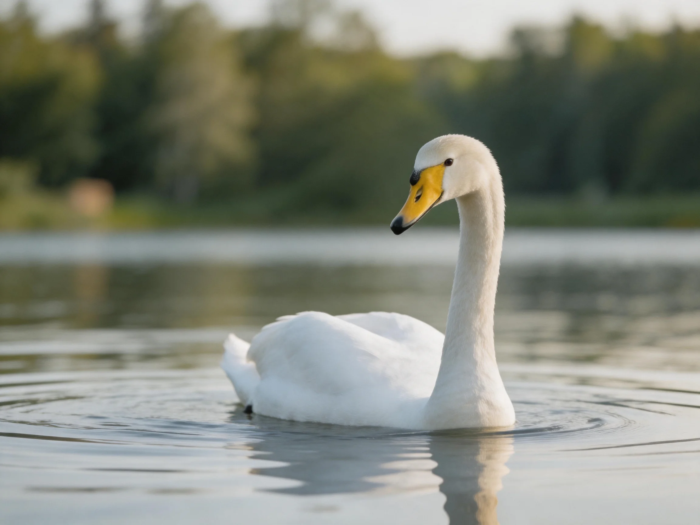 A white swan gliding on calm lake water near green foliage