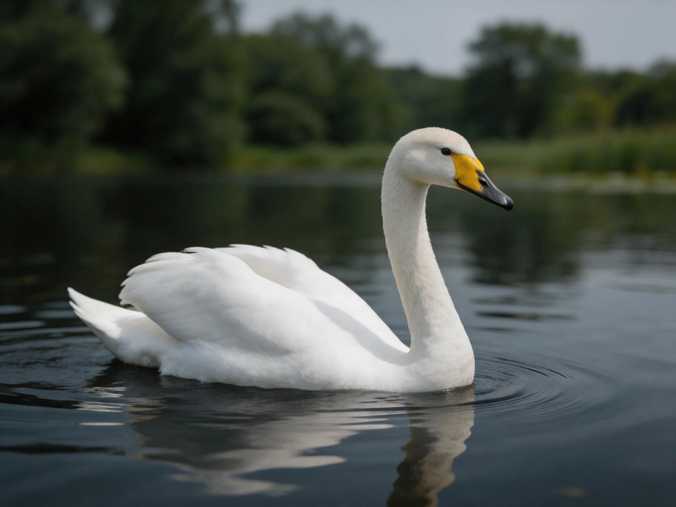 A white swan gliding on calm lake waters