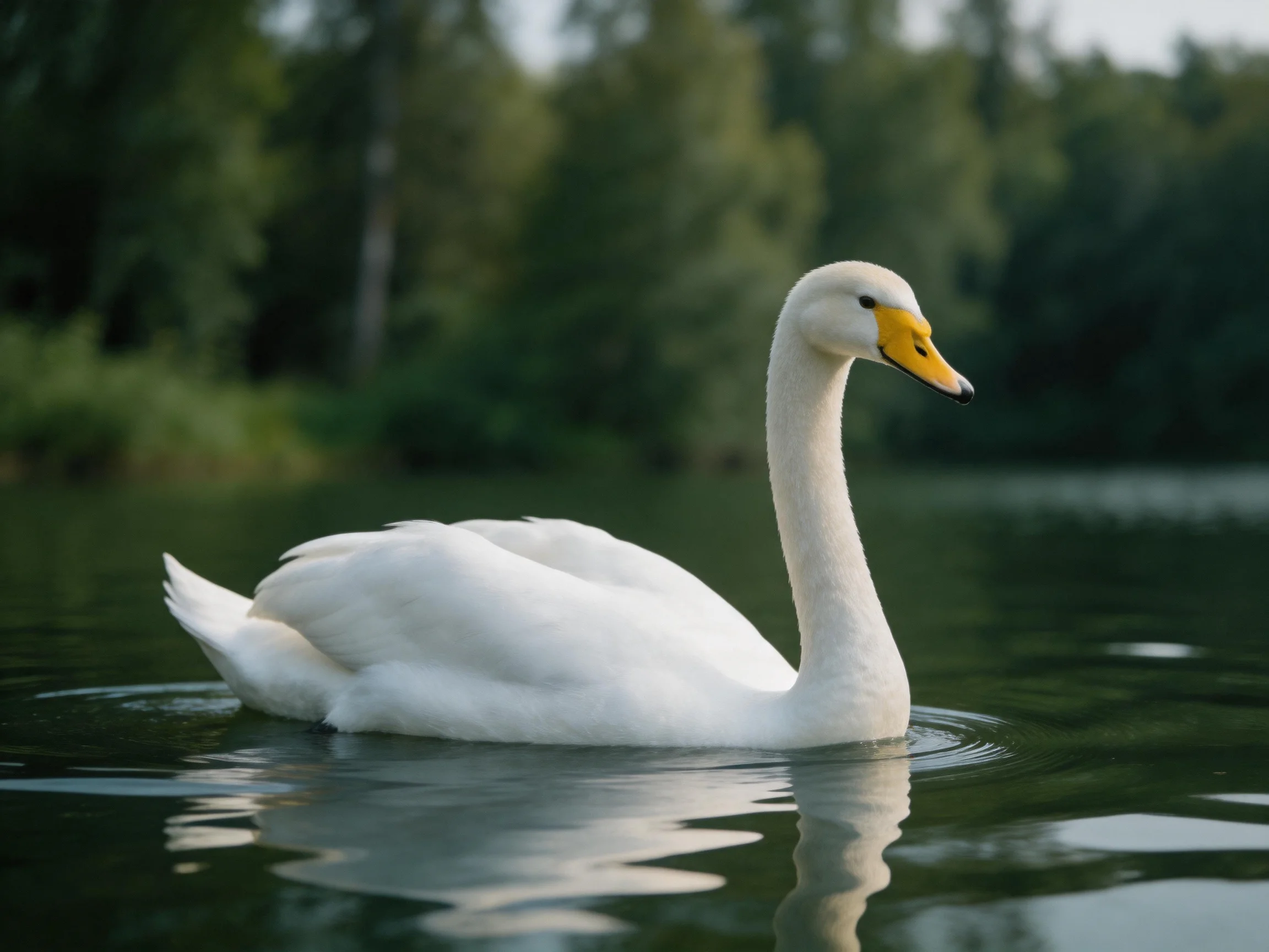 A white swan gliding on calm lake waters near green foliage