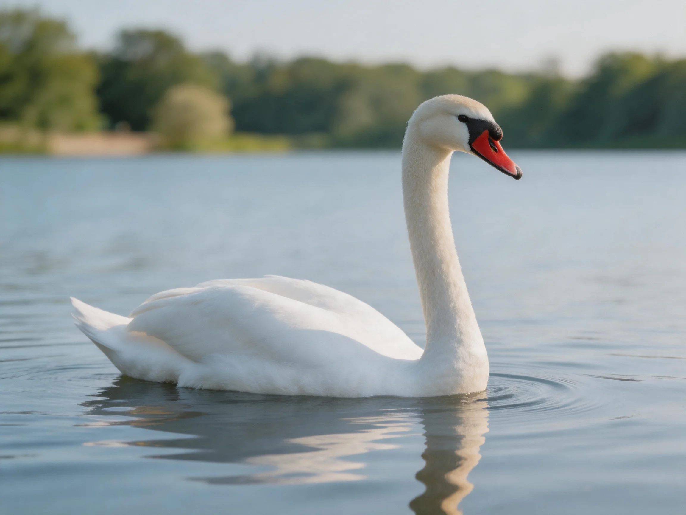 A white swan gliding on calm lake waters near green trees