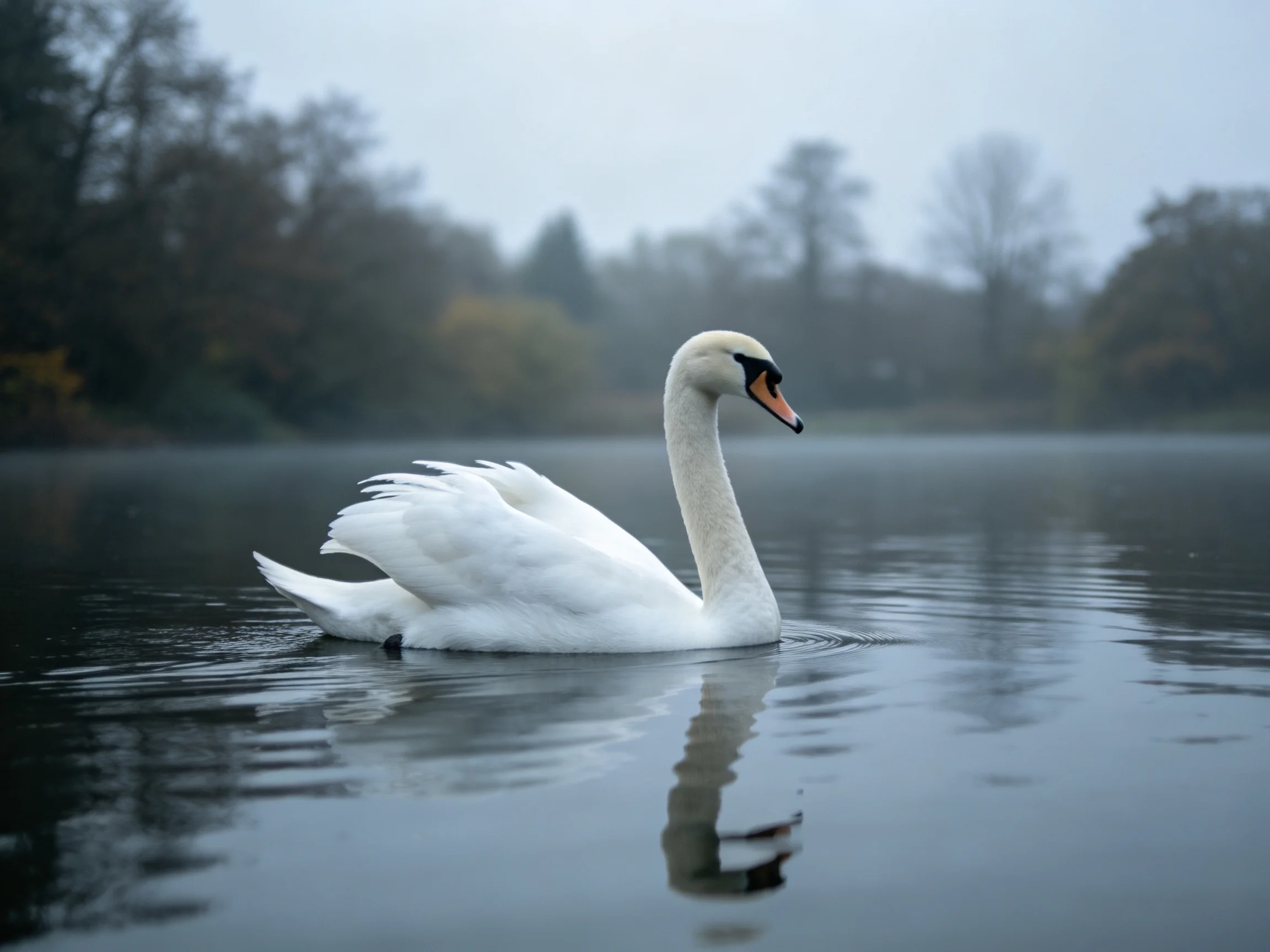 A white swan gliding on calm, misty lake waters