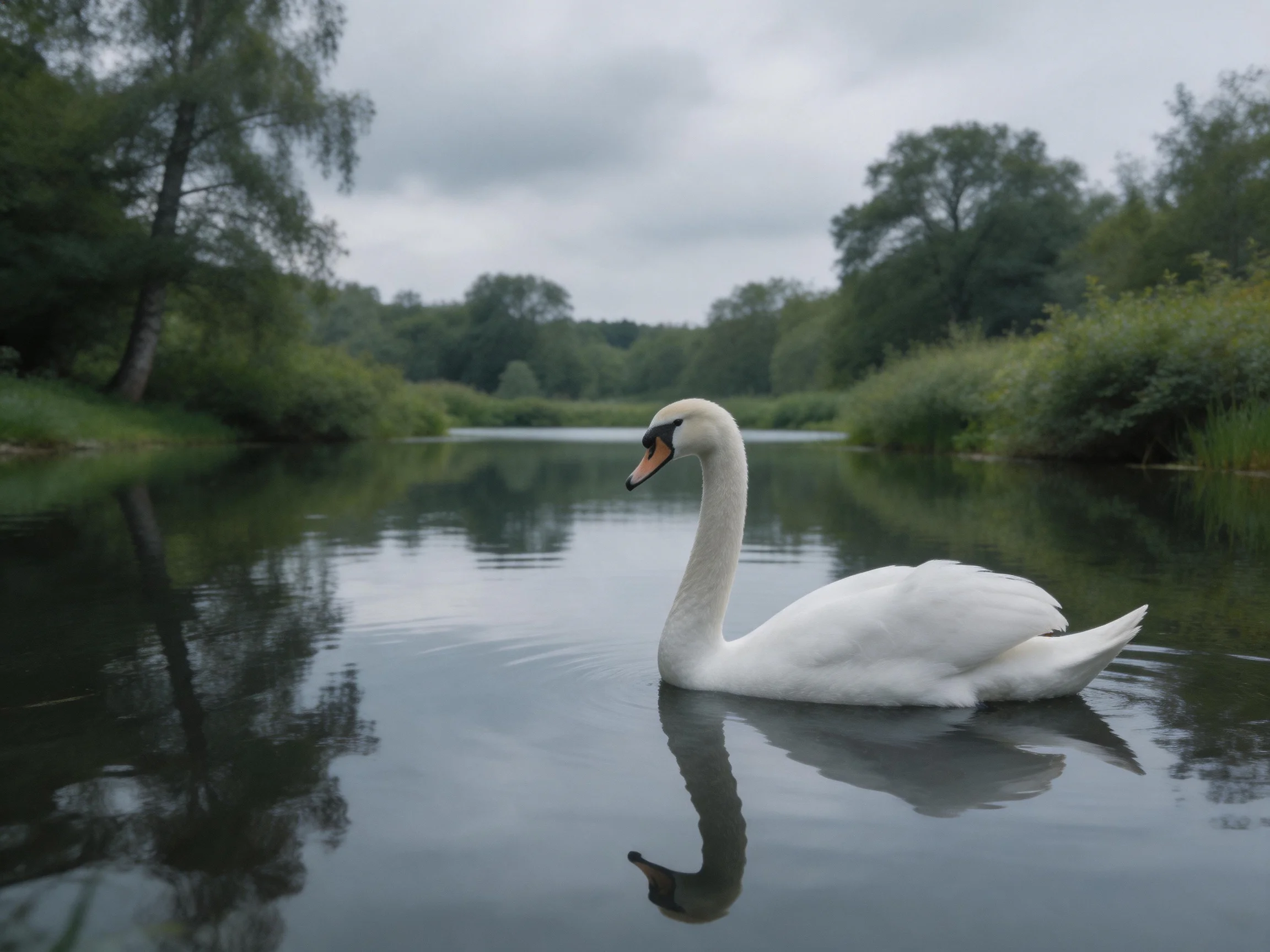 A white swan gliding on calm river waters amid lush greenery