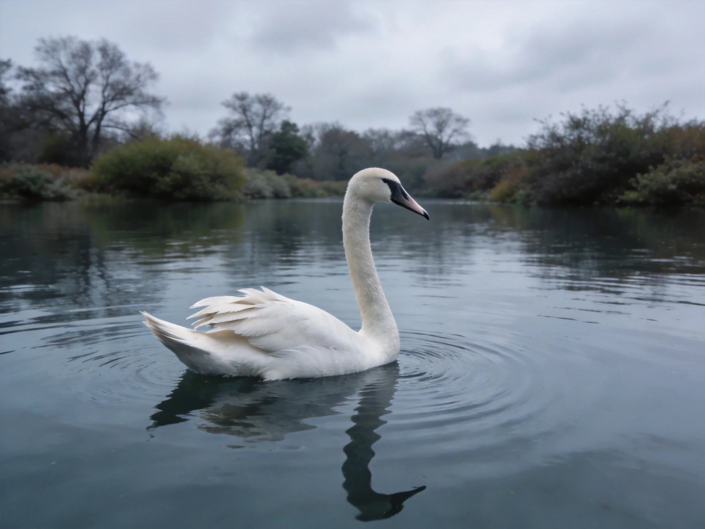 A white swan gliding on calm river waters near leafy vegetation