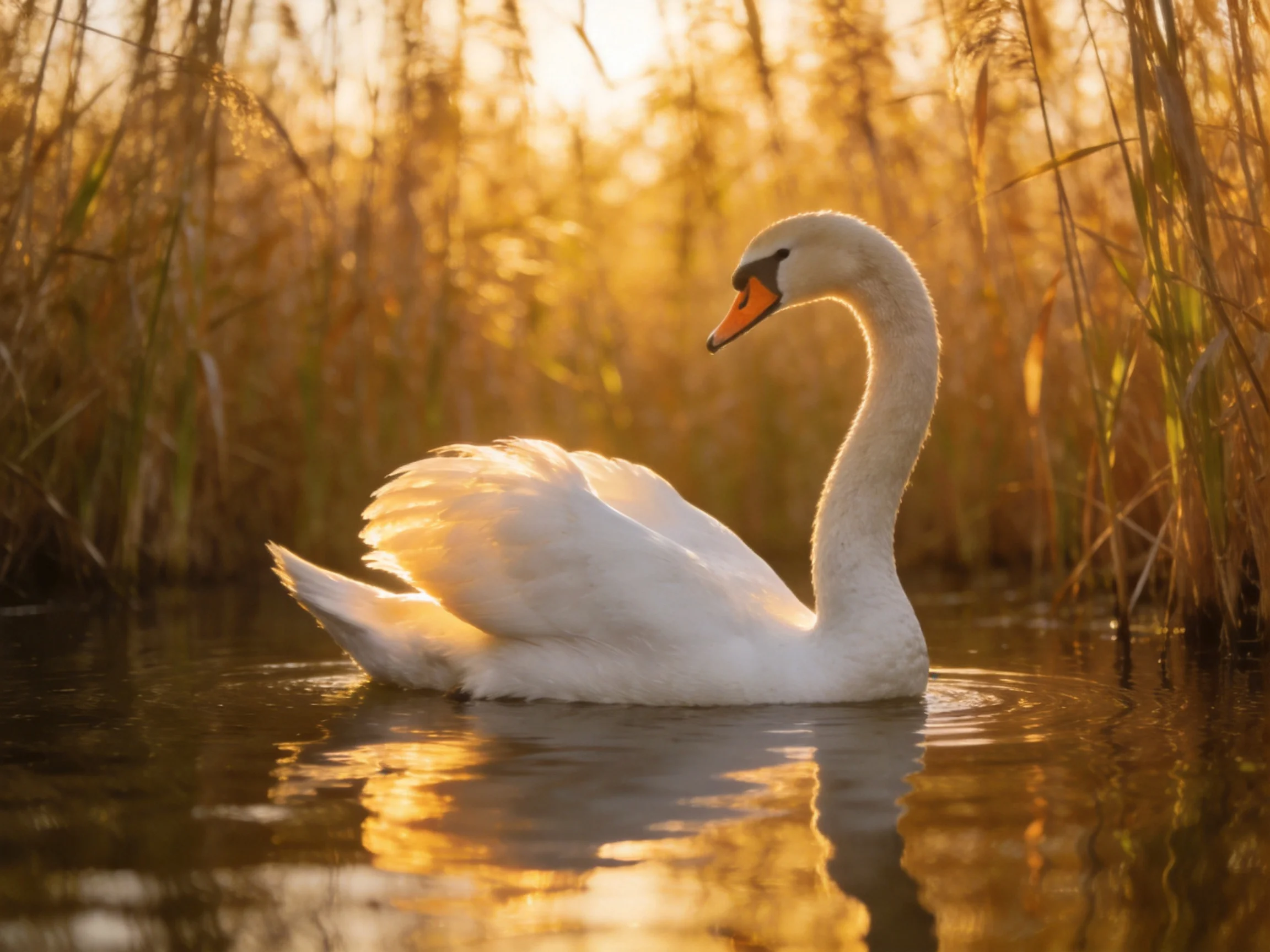 A white swan gliding on calm water amid golden reeds