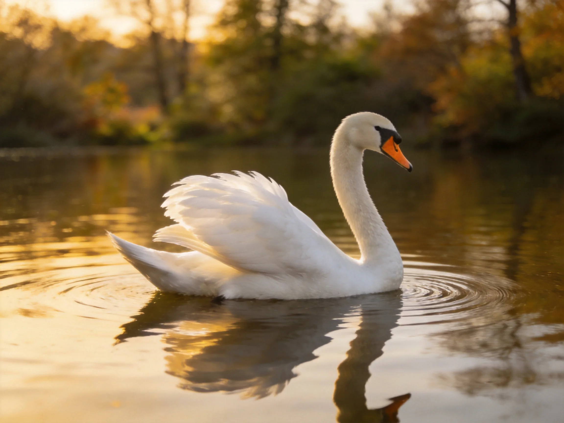 A white swan gliding on calm water at sunset