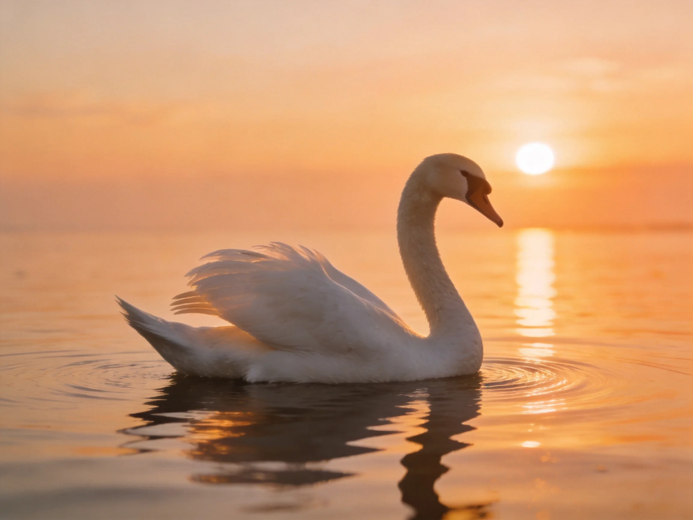 A white swan gliding on calm water at sunset