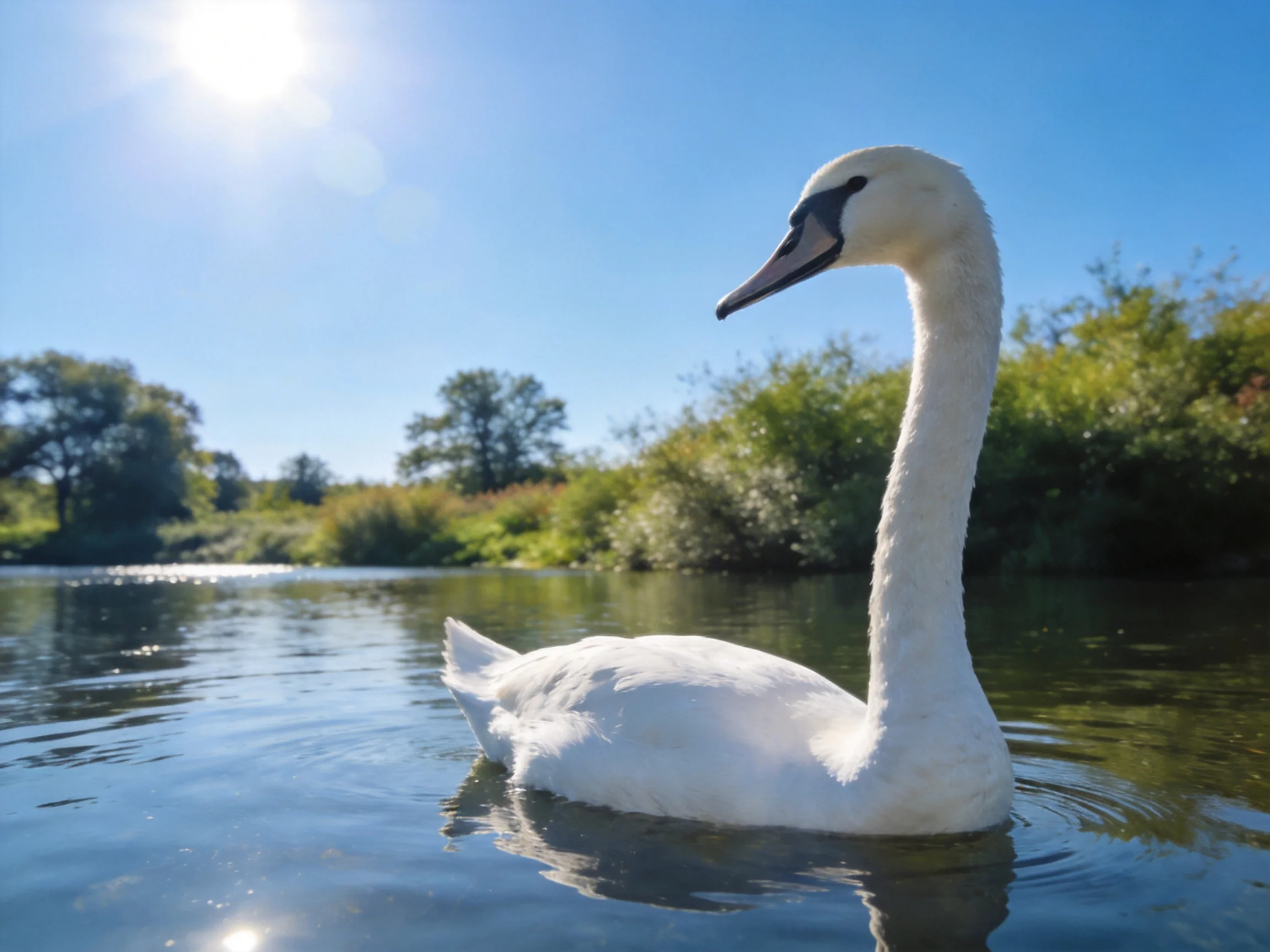 A white swan gliding on calm water beneath a sunny sky