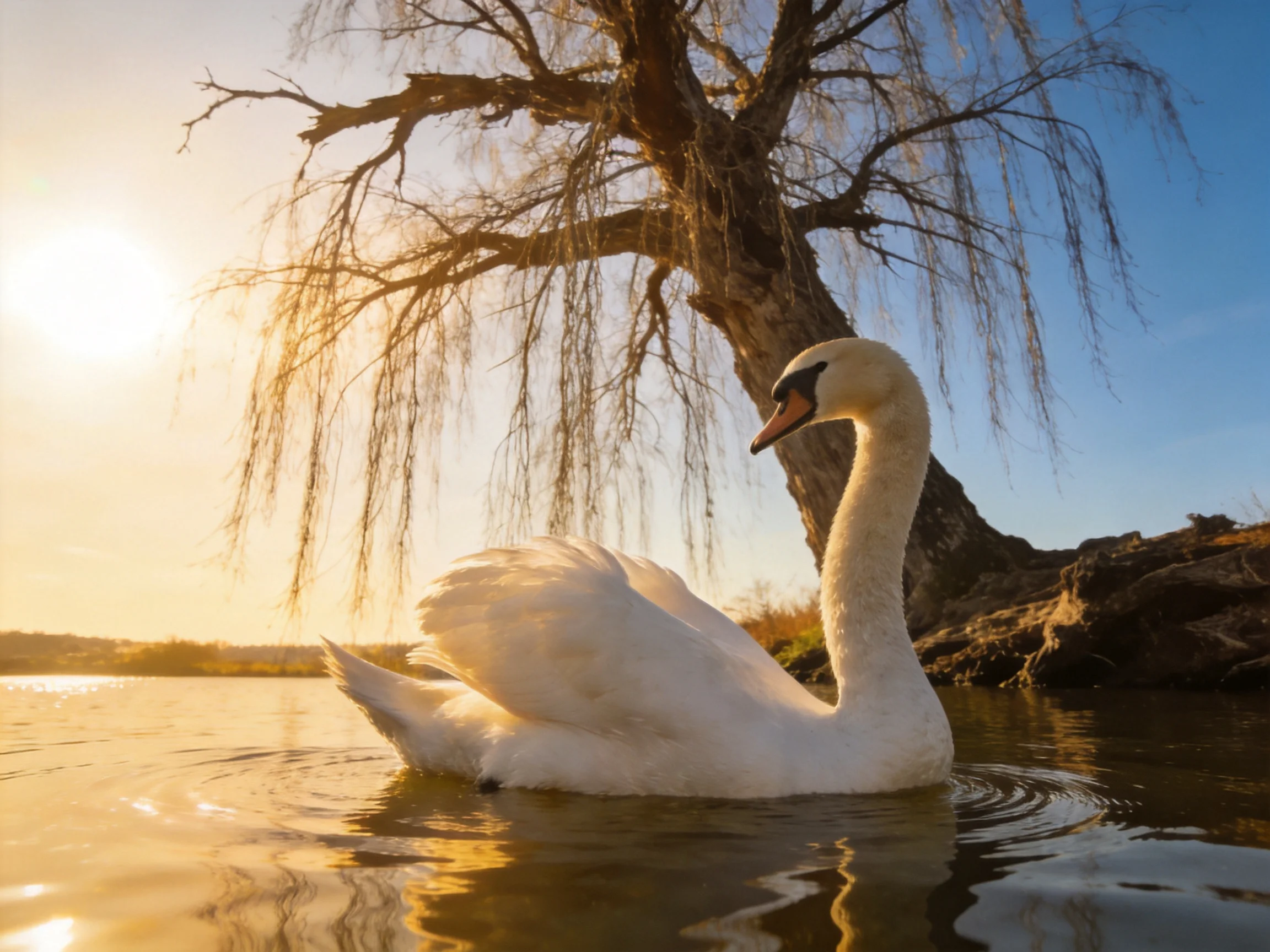 A white swan gliding on calm water beside a weeping willow