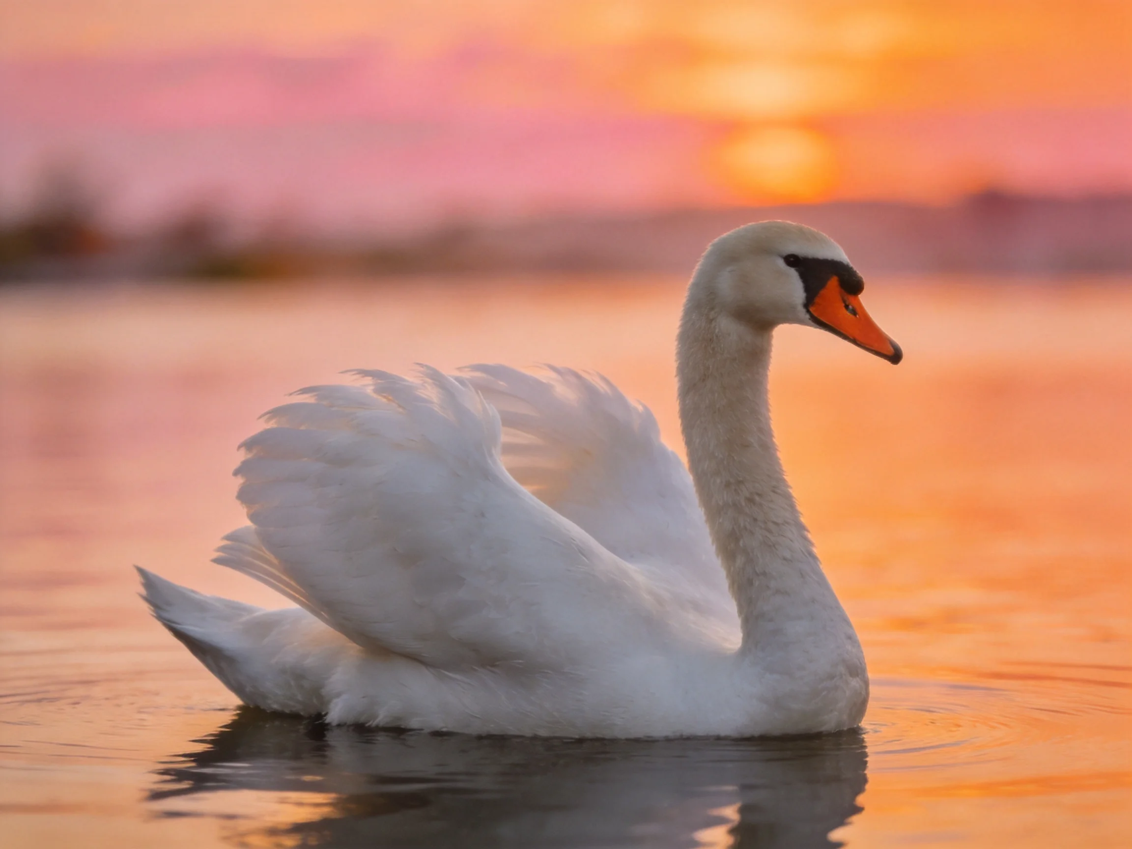 A white swan gliding on calm water during vibrant sunset