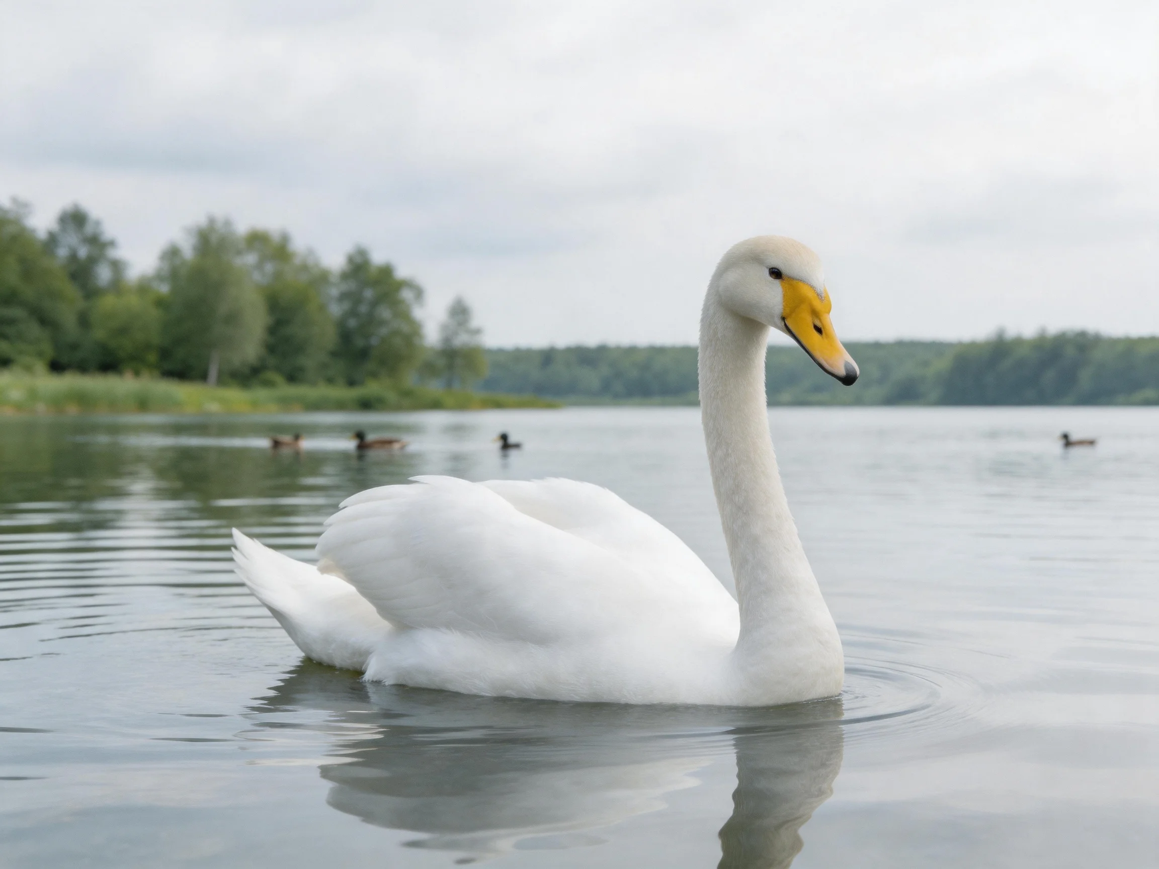 A white swan gliding on calm water near ducks and green trees