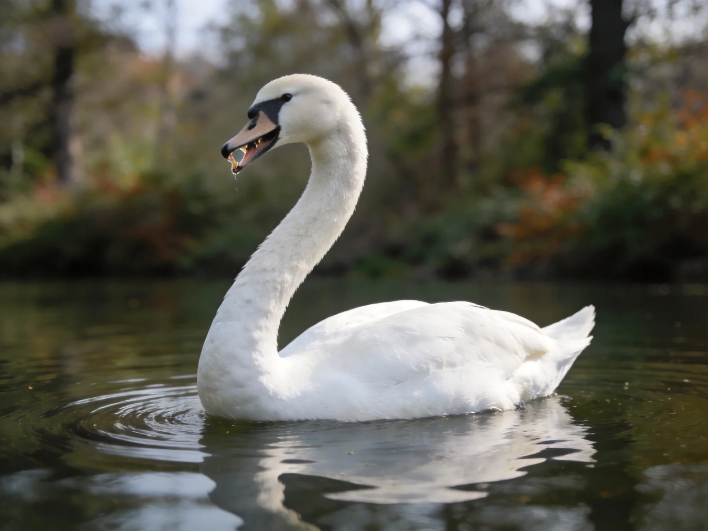 A white swan gliding on calm water near forested trees