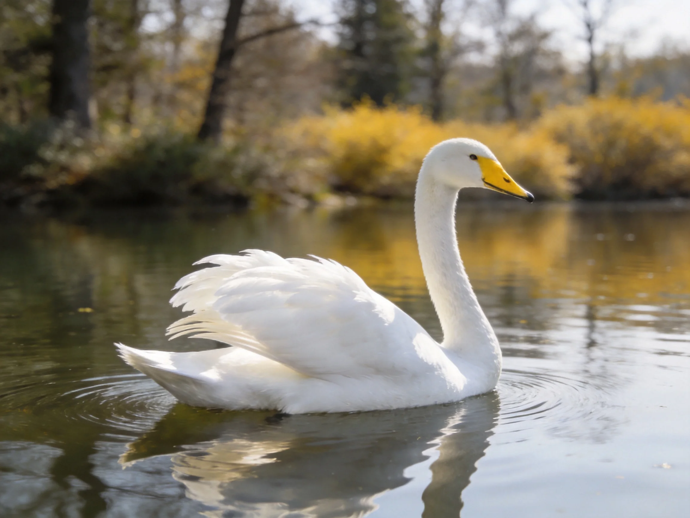 A white swan gliding on calm water near golden foliage