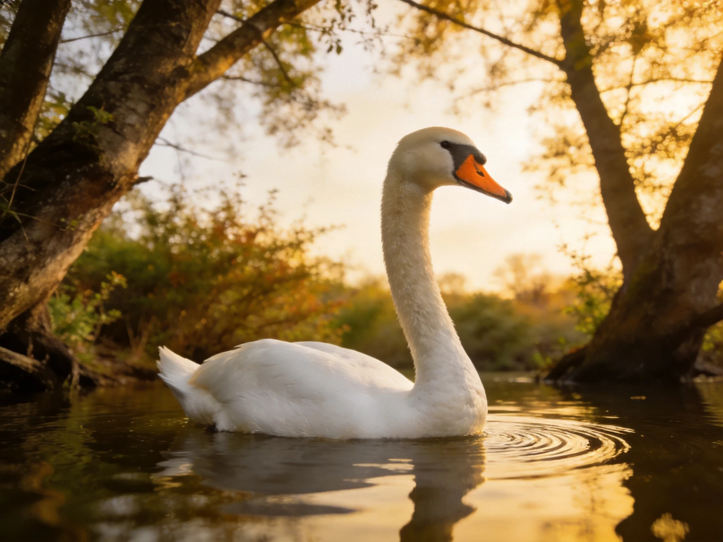 A white swan gliding on calm water near golden-hued trees
