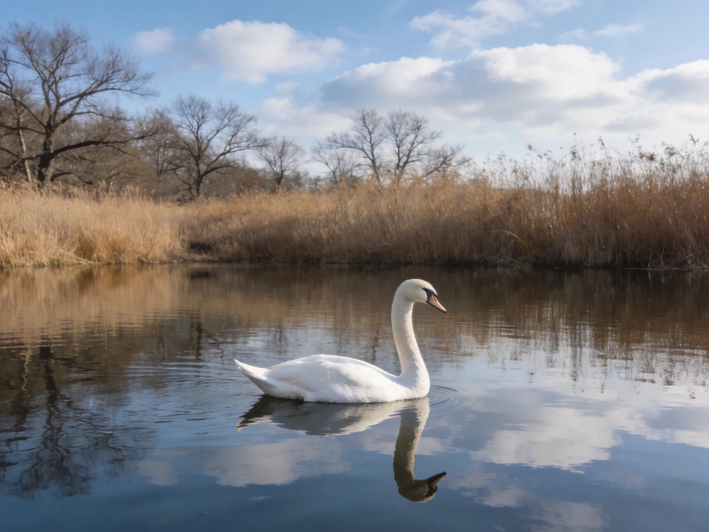 A white swan gliding on calm water near golden reeds