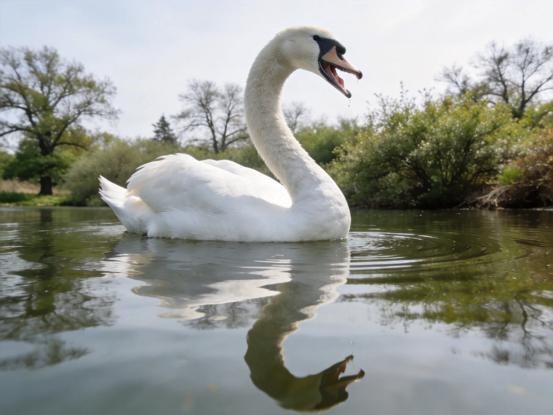 A white swan gliding on calm water near green foliage