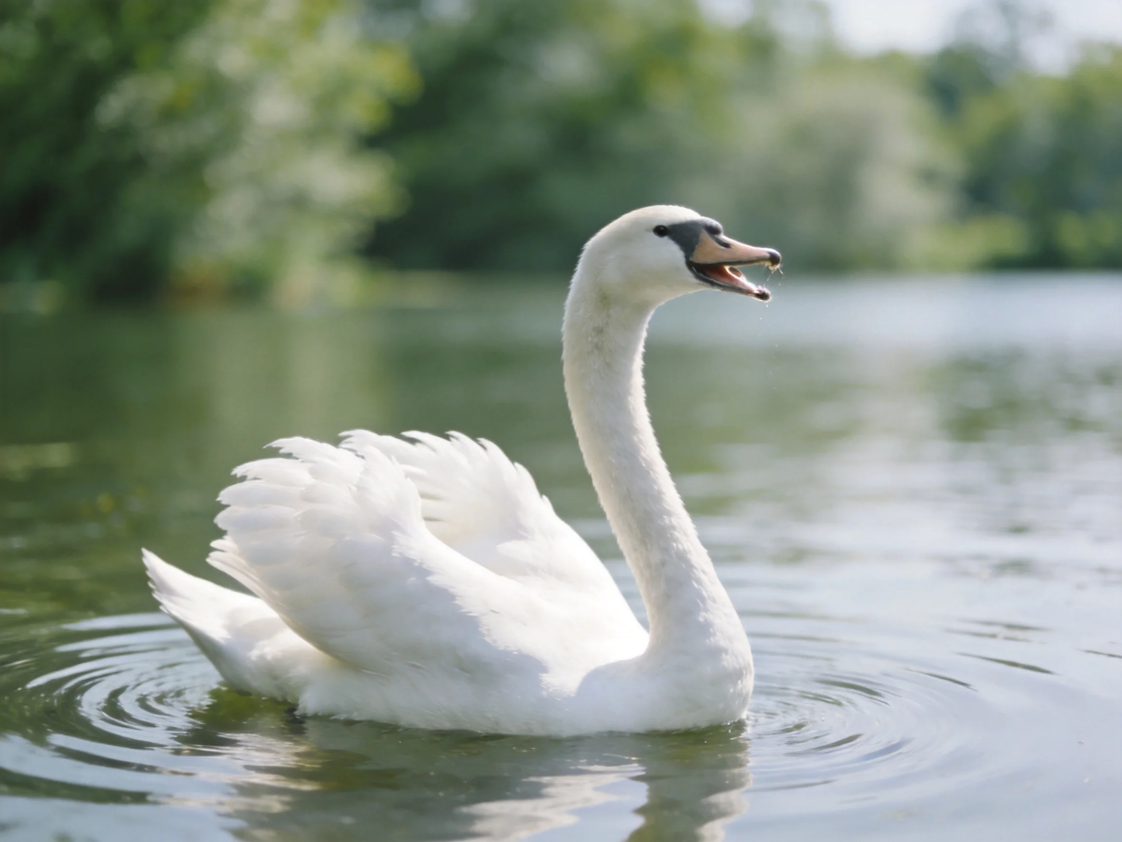 A white swan gliding on calm water near green trees