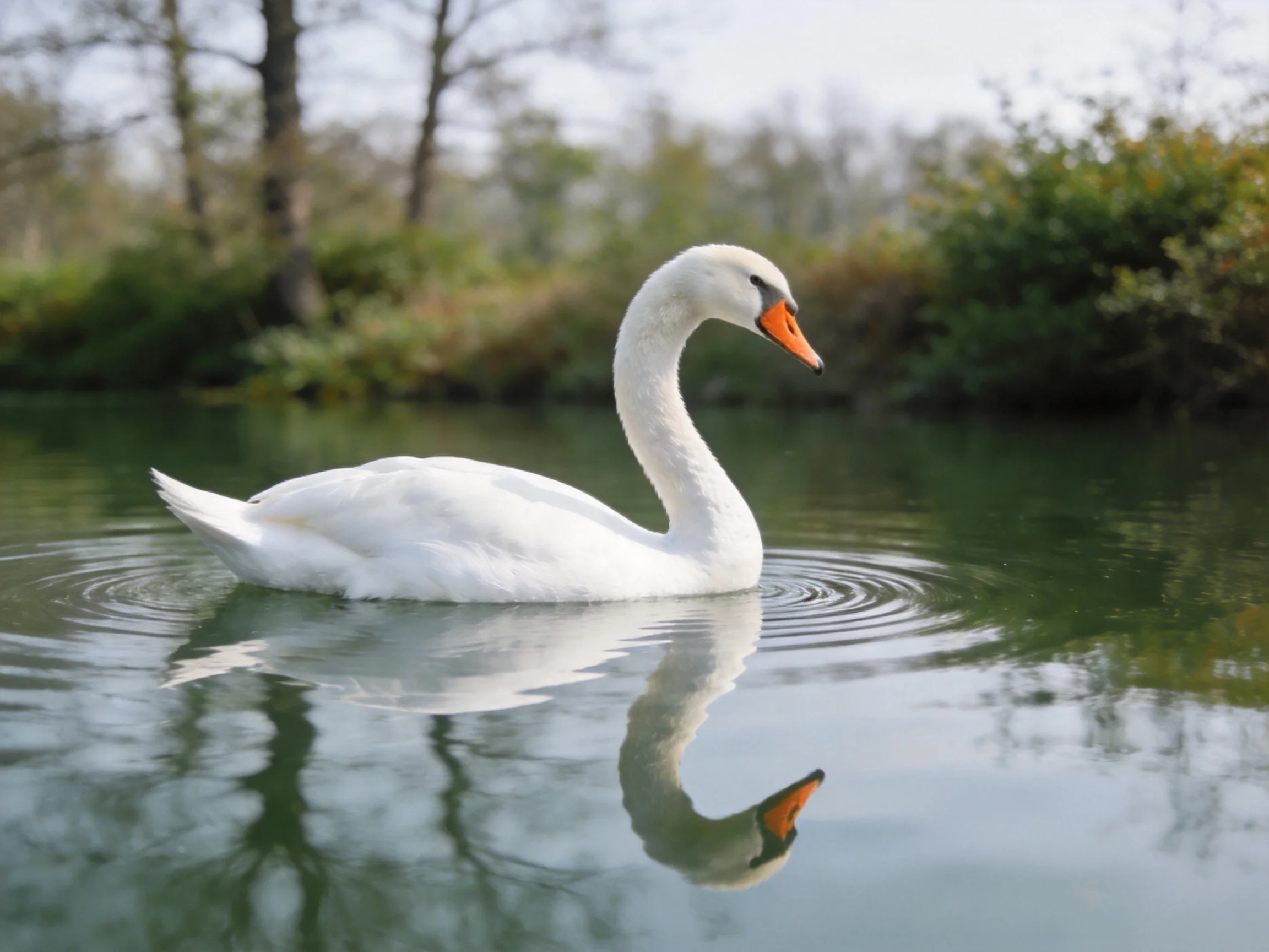 A white swan gliding on calm water near greenery