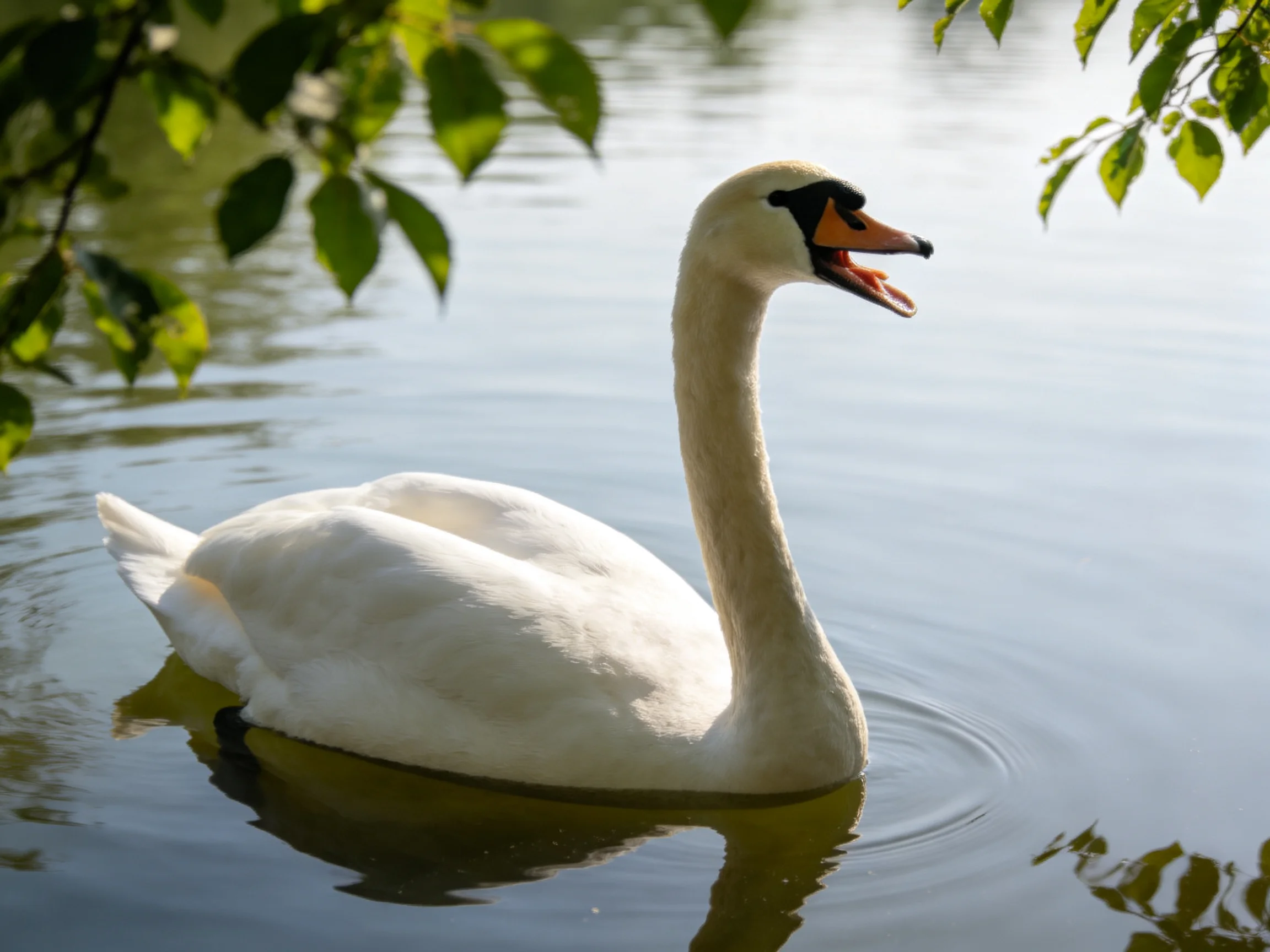A white swan gliding on calm water near leafy branches