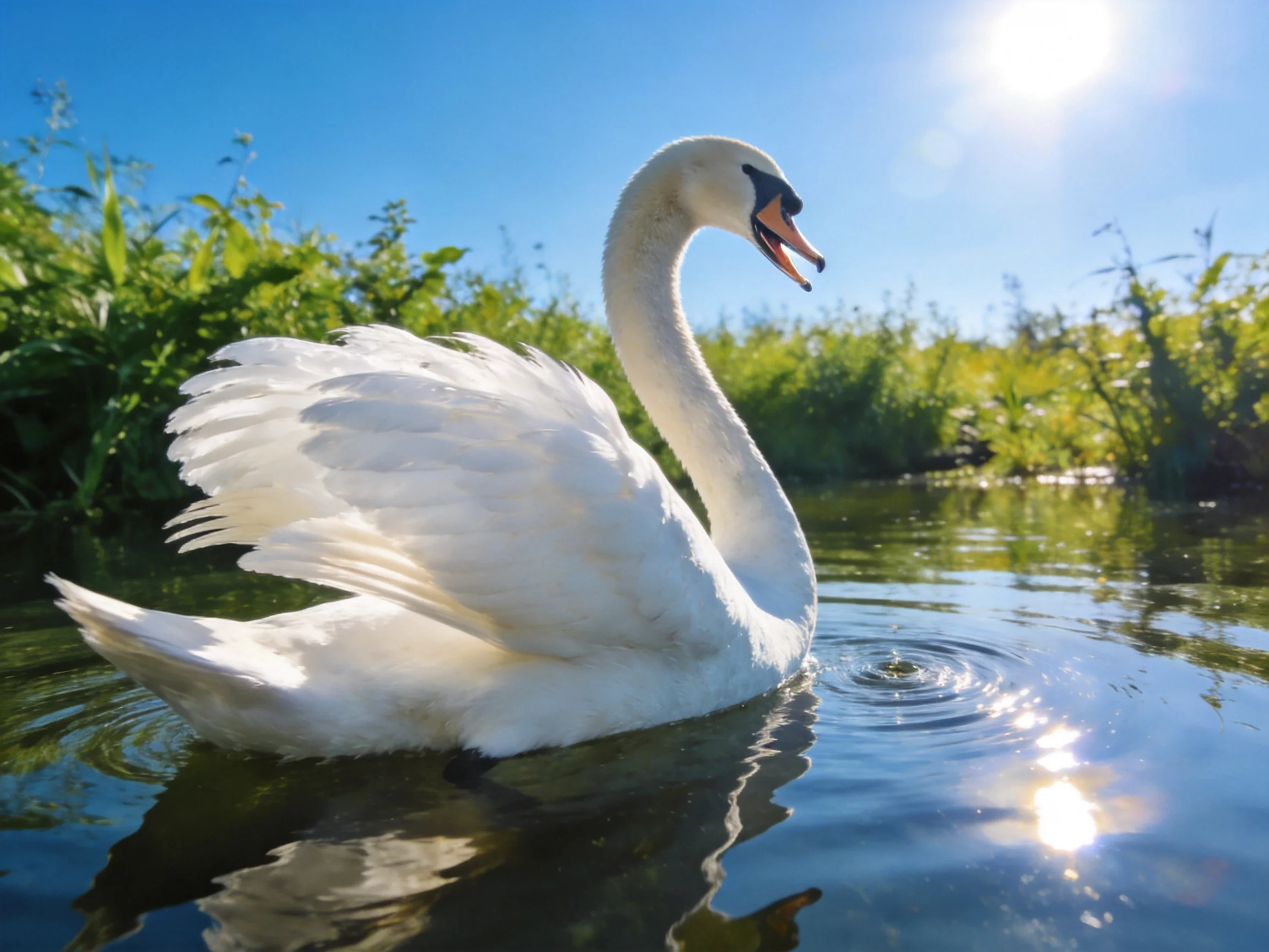 A white swan gliding on calm water near lush greenery