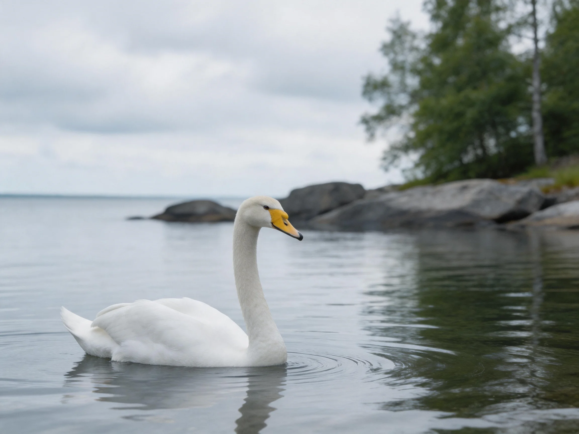 A white swan gliding on calm water near rocky shore