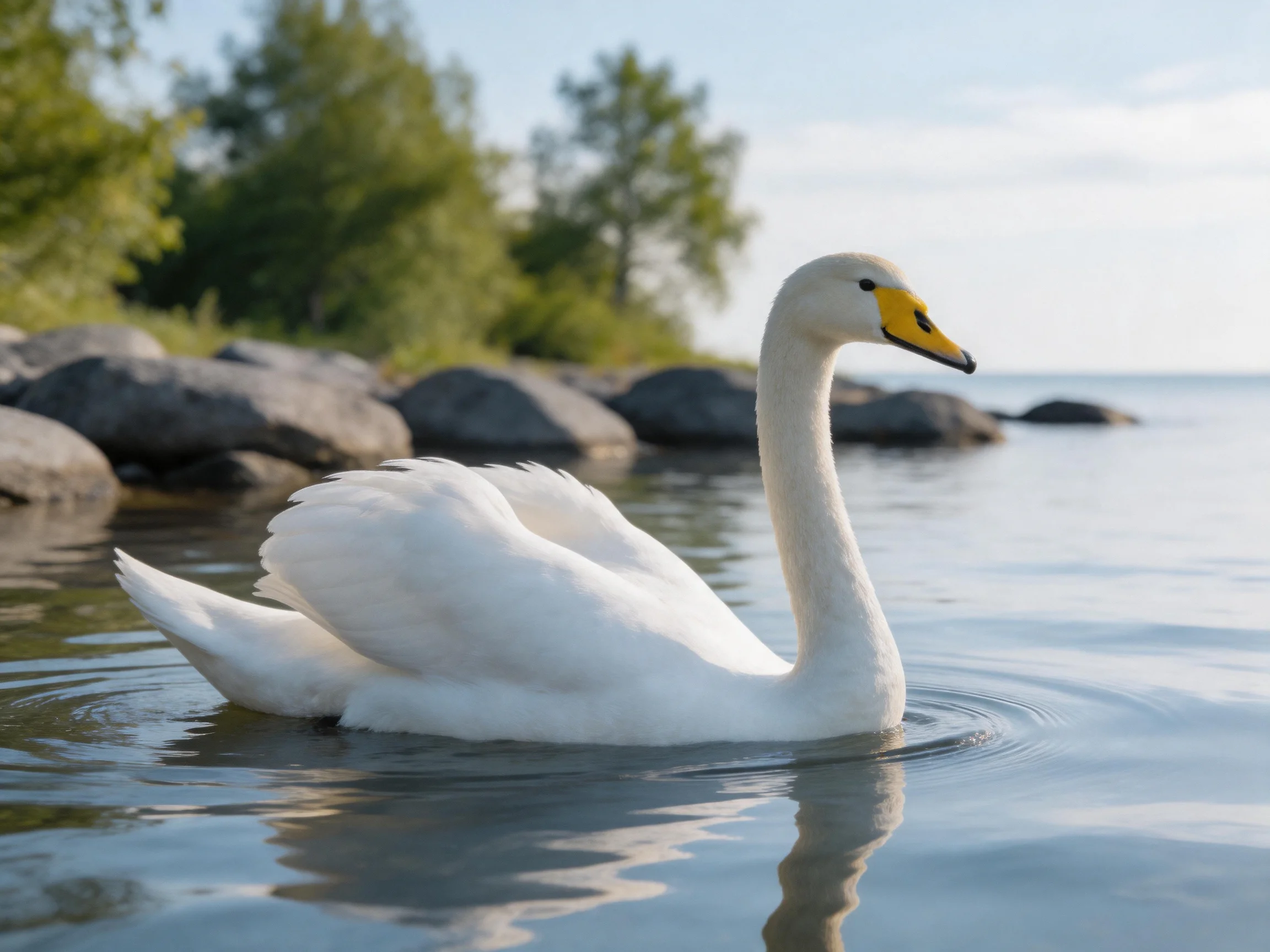 A white swan gliding on calm water near rocky shoreline