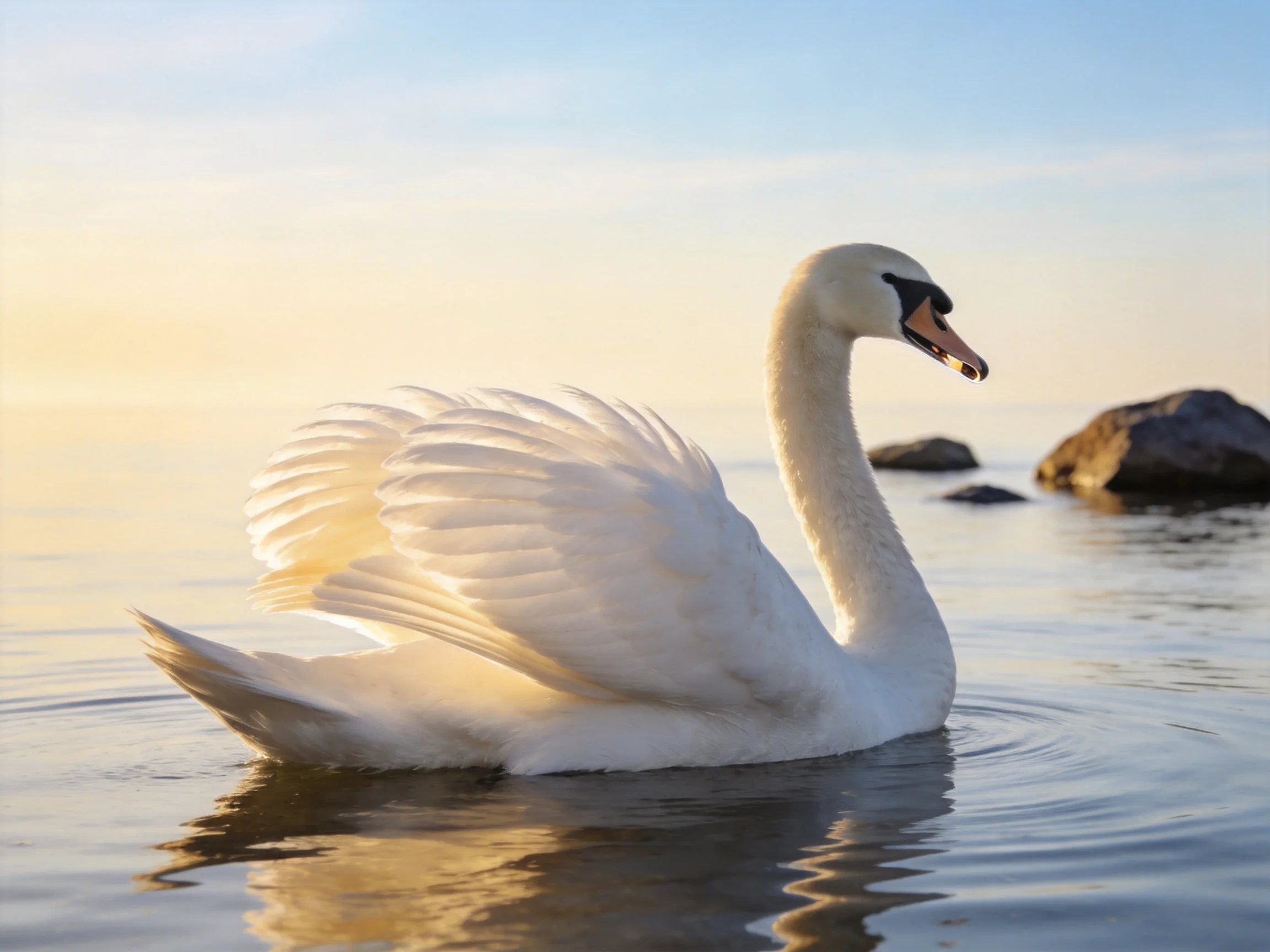 A white swan gliding on calm water near rocky shores