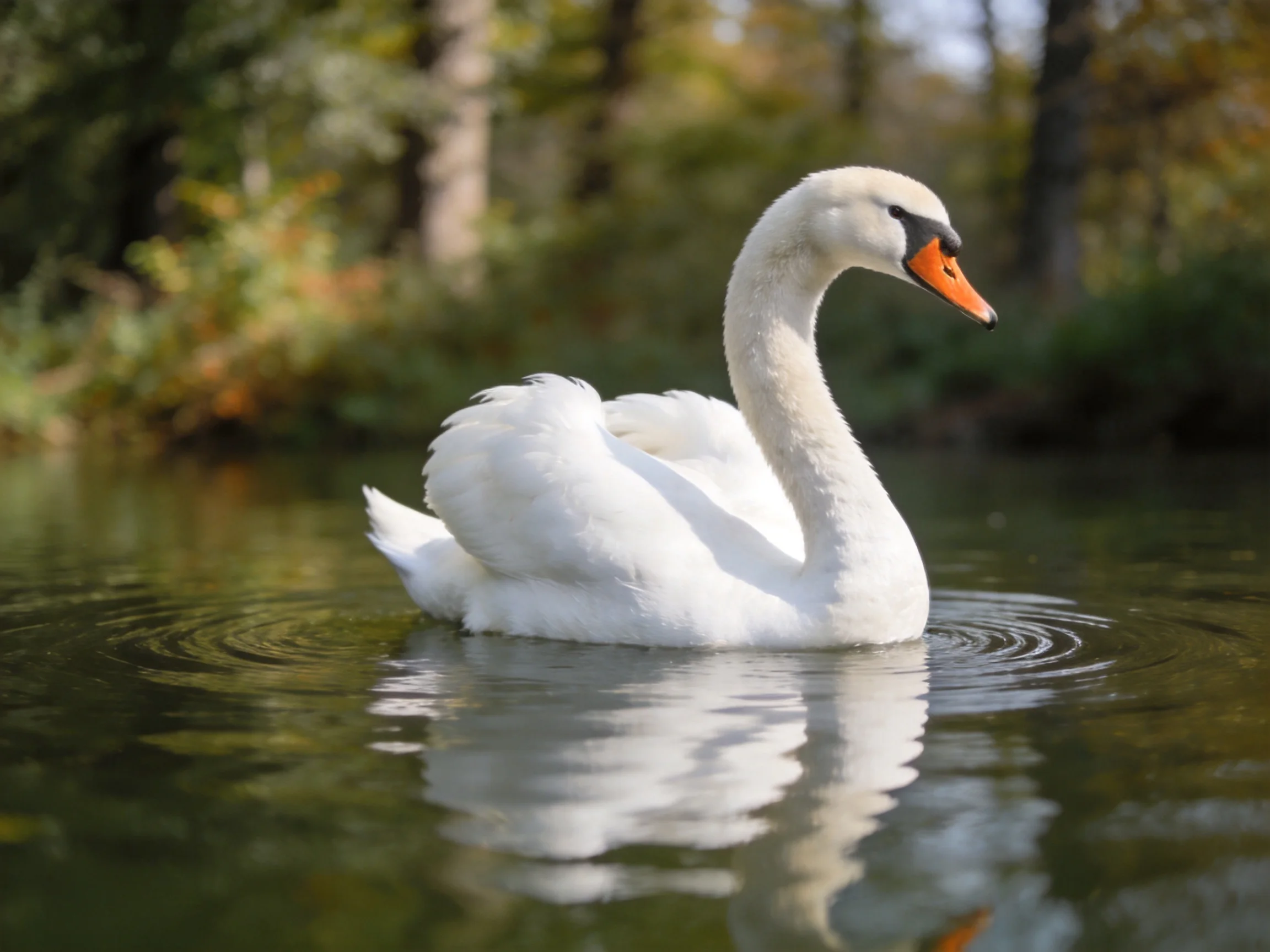 A white swan gliding on calm water near trees