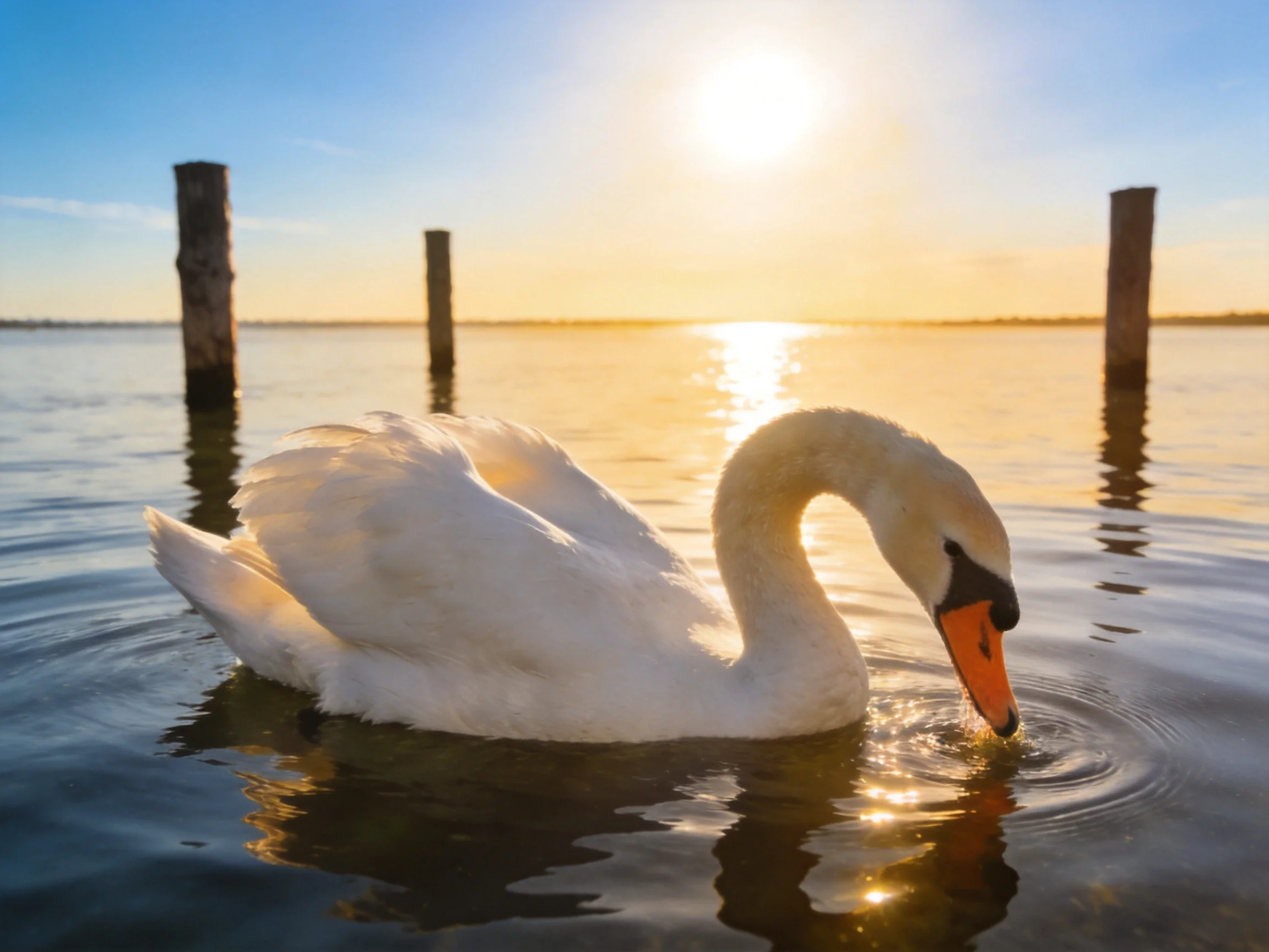 A white swan gliding on calm water near wooden posts at golden hour