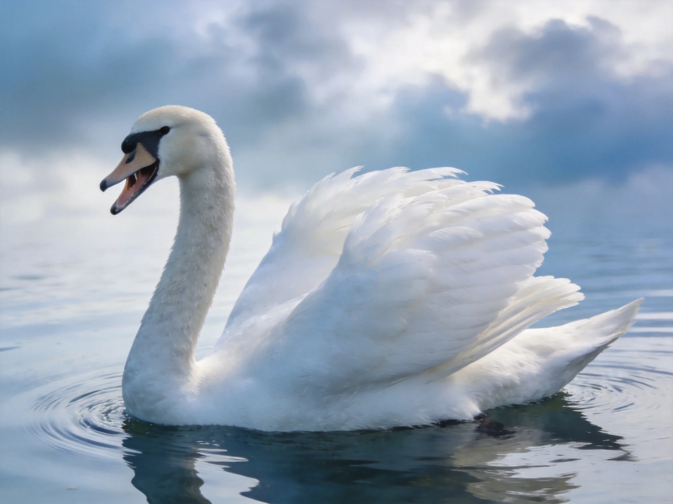 A white swan gliding on calm water under cloudy sky