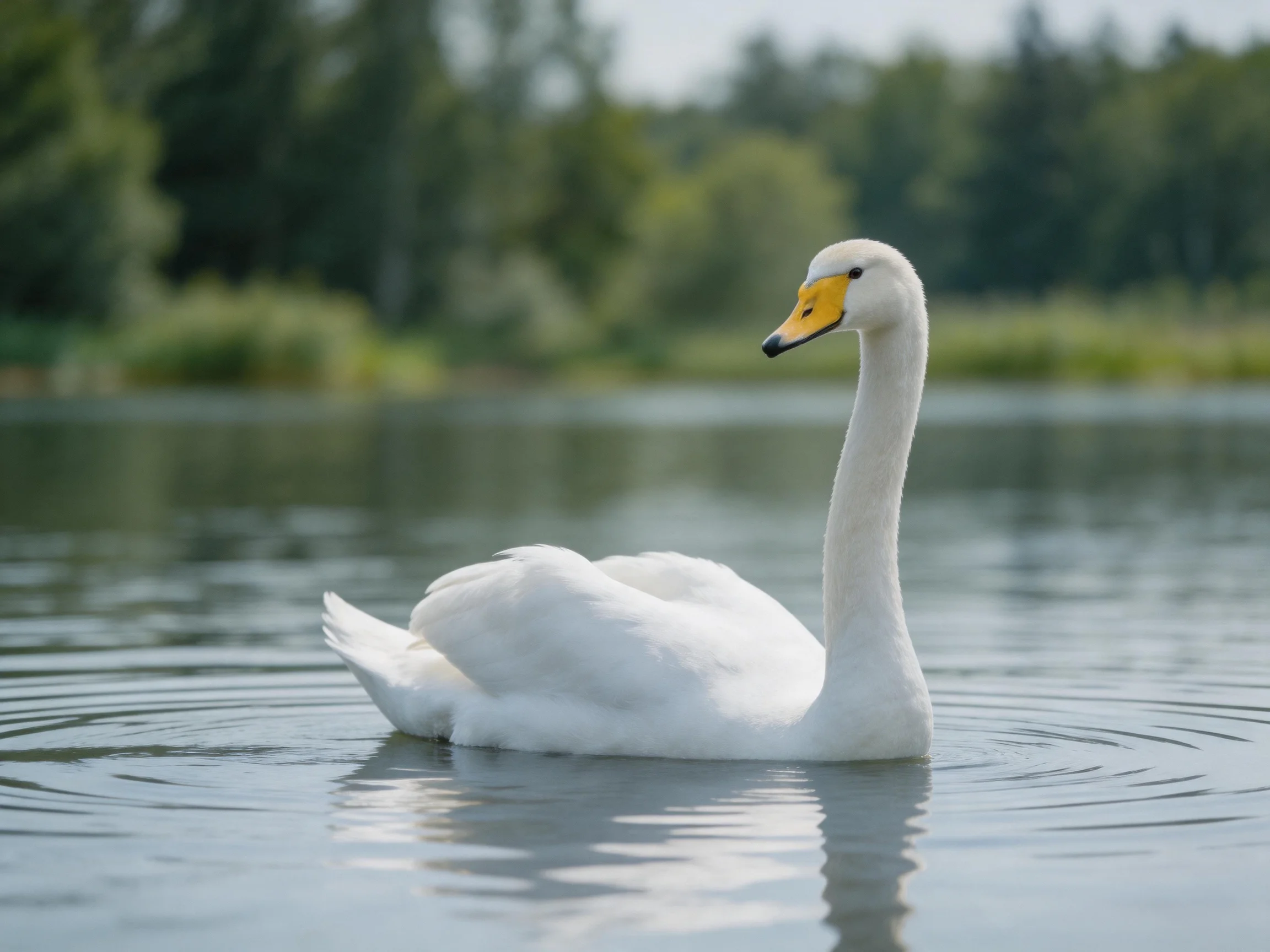 A white swan gliding on calm water with green foliage