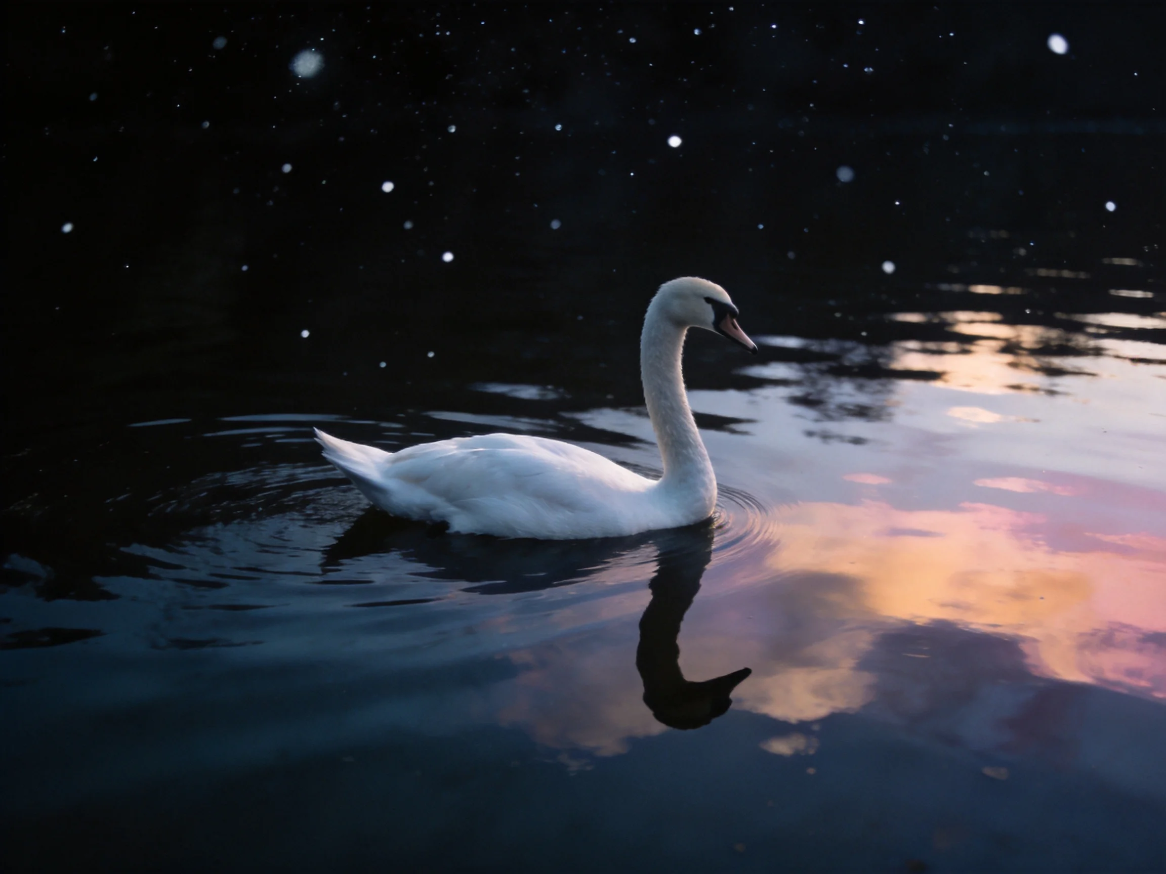 A white swan gliding on calm water with twilight reflections