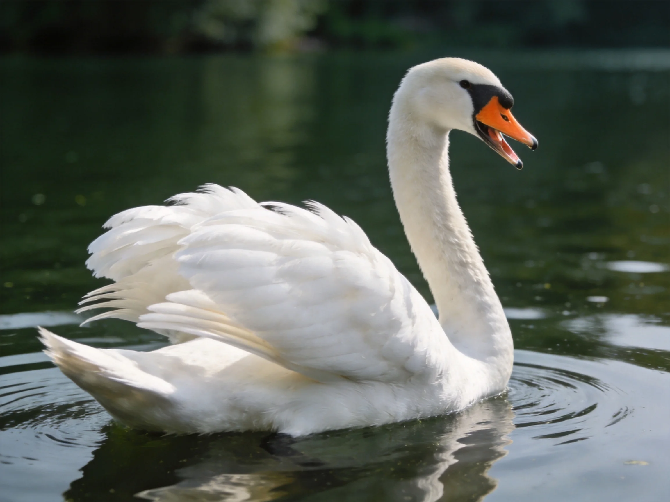 A white swan gliding on dark green water